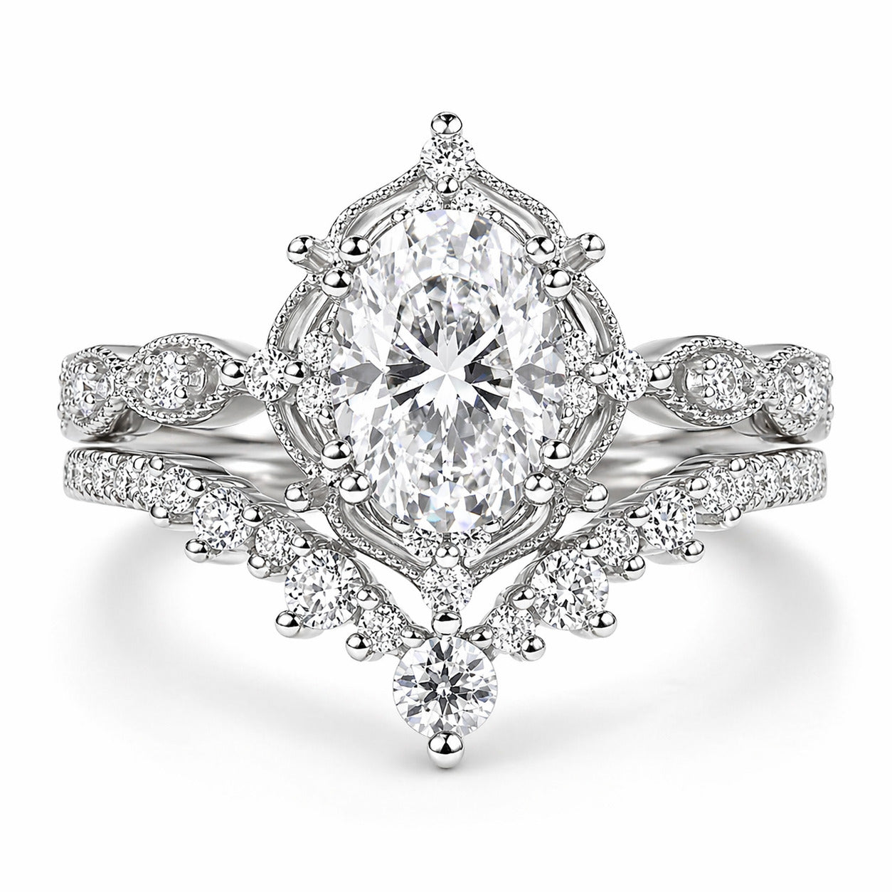 JeenMata 1.50 Carat Oval Lab Grown Diamond Bridal Ring Set, Engagement Ring and Wedding Band Set with Moissanite Accents in 18K White Gold Plating for Women