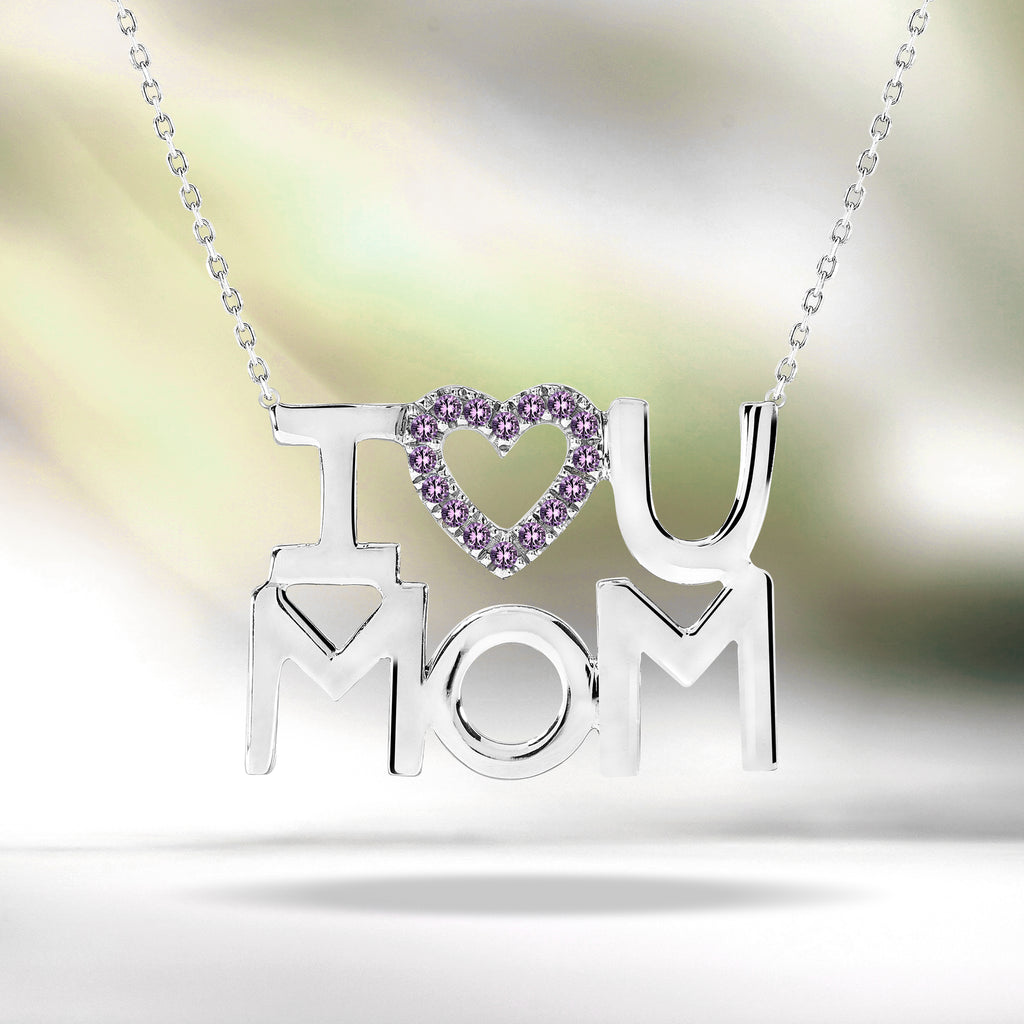 JeenMata I Love U Mom Purple Stone Embellished Open Heart Pendant Necklace in 18K White Gold over Silver - February Birthstone - Gift for Mom