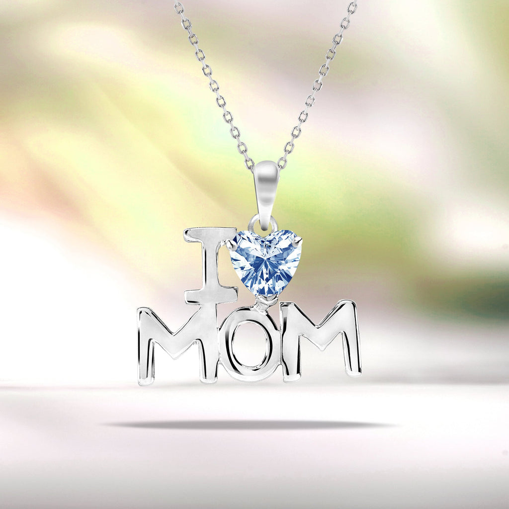 I Love Mom Heart Shaped Ice Blue Stone Pendant Necklace with 18K White Gold over Silver - March Birthstone - Mother's Day Jewelry Gift