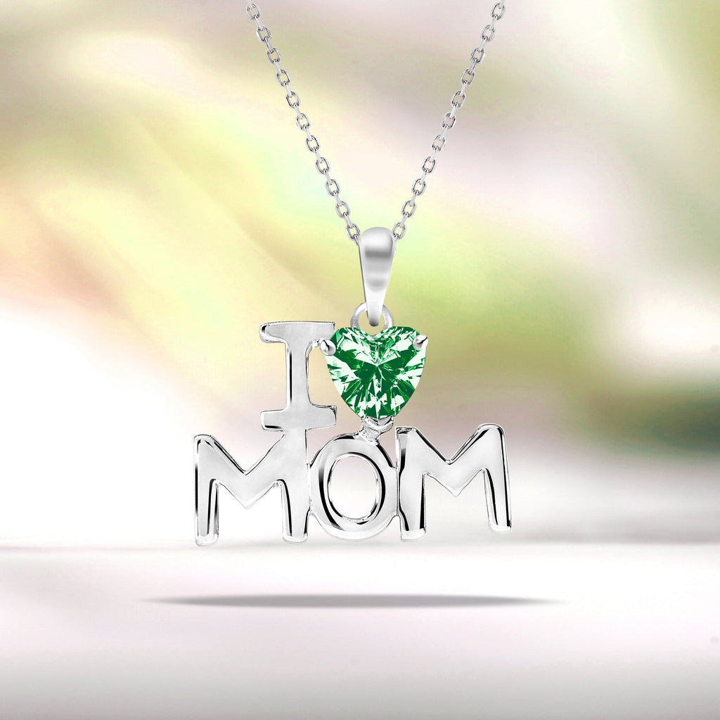 I Love Mom Heart Shaped Dark Green Stone Pendant Necklace with 18K White Gold over Silver - May Birthstone - Mother's Day Jewelry Gift
