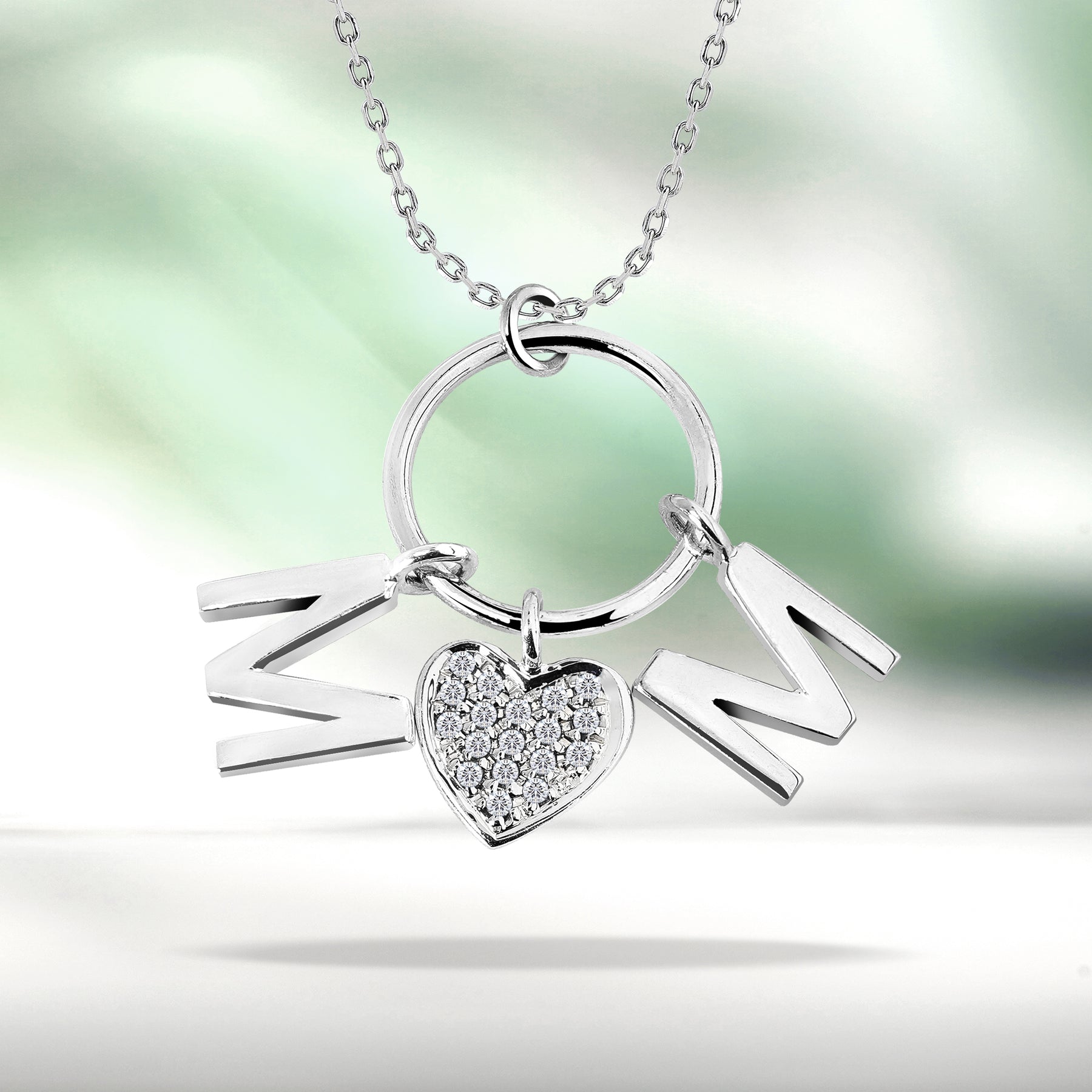 Circle Pendant with MOM Charms Pendant Necklace in 18K White Gold over Silver - White Stone Embellished - April Birthstone