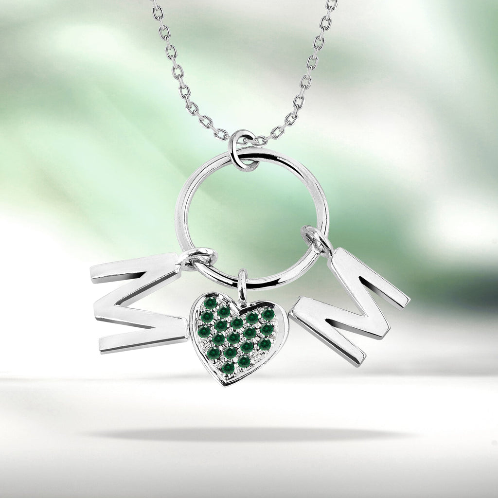 Circle Pendant with MOM Charms Pendant Necklace in 18K White Gold over Silver - Dark Green Stone Embellished - May Birthstone