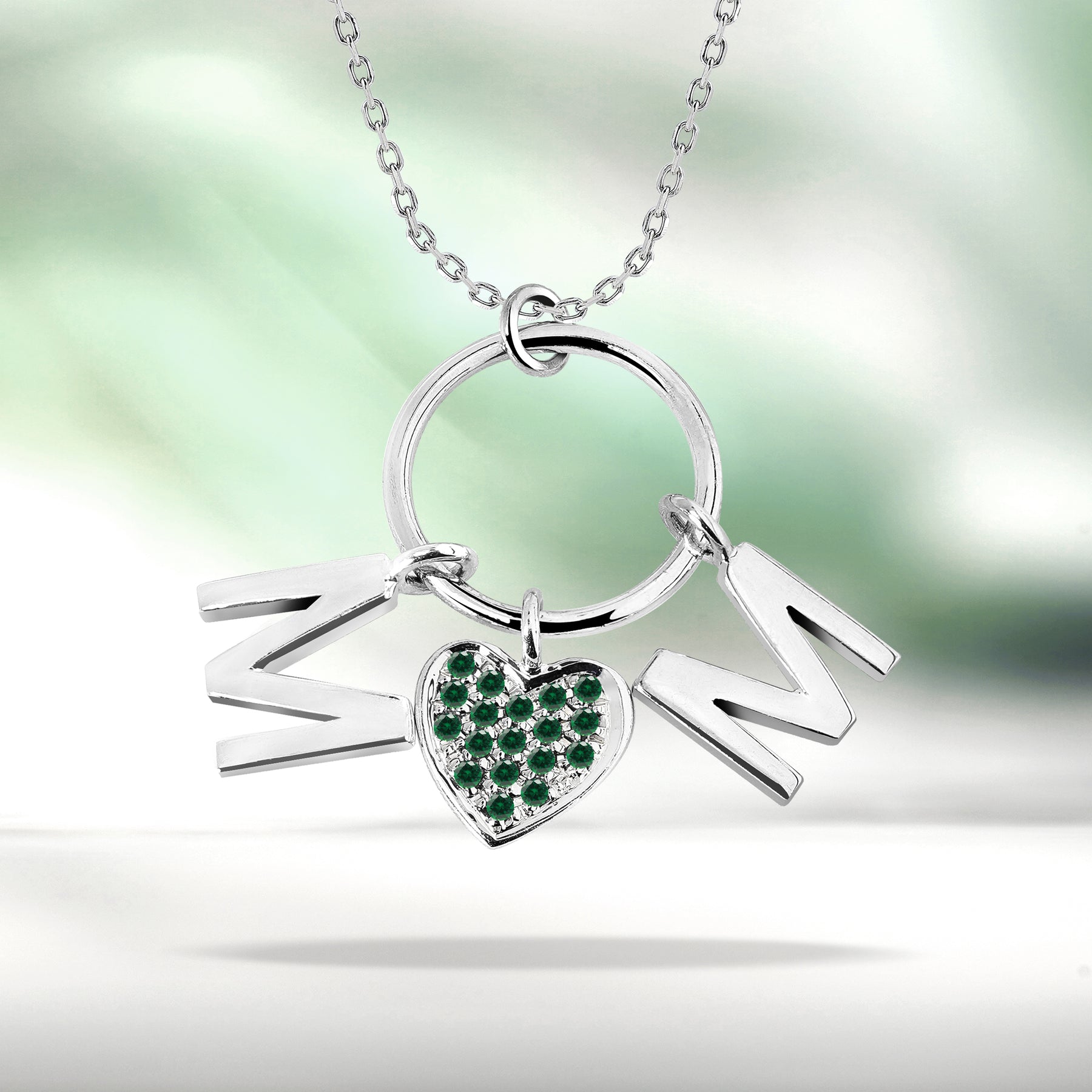 Circle Pendant with MOM Charms Pendant Necklace in 18K White Gold over Silver - Dark Green Stone Embellished - May Birthstone