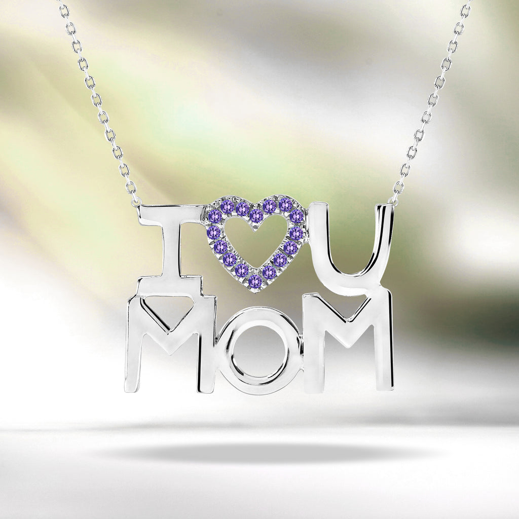 JeenMata I Love U Mom Multi-Color Purple Stone Embellished Open Heart Pendant Necklace in 18K White Gold over Silver - June Birthstone - Gift for Mom