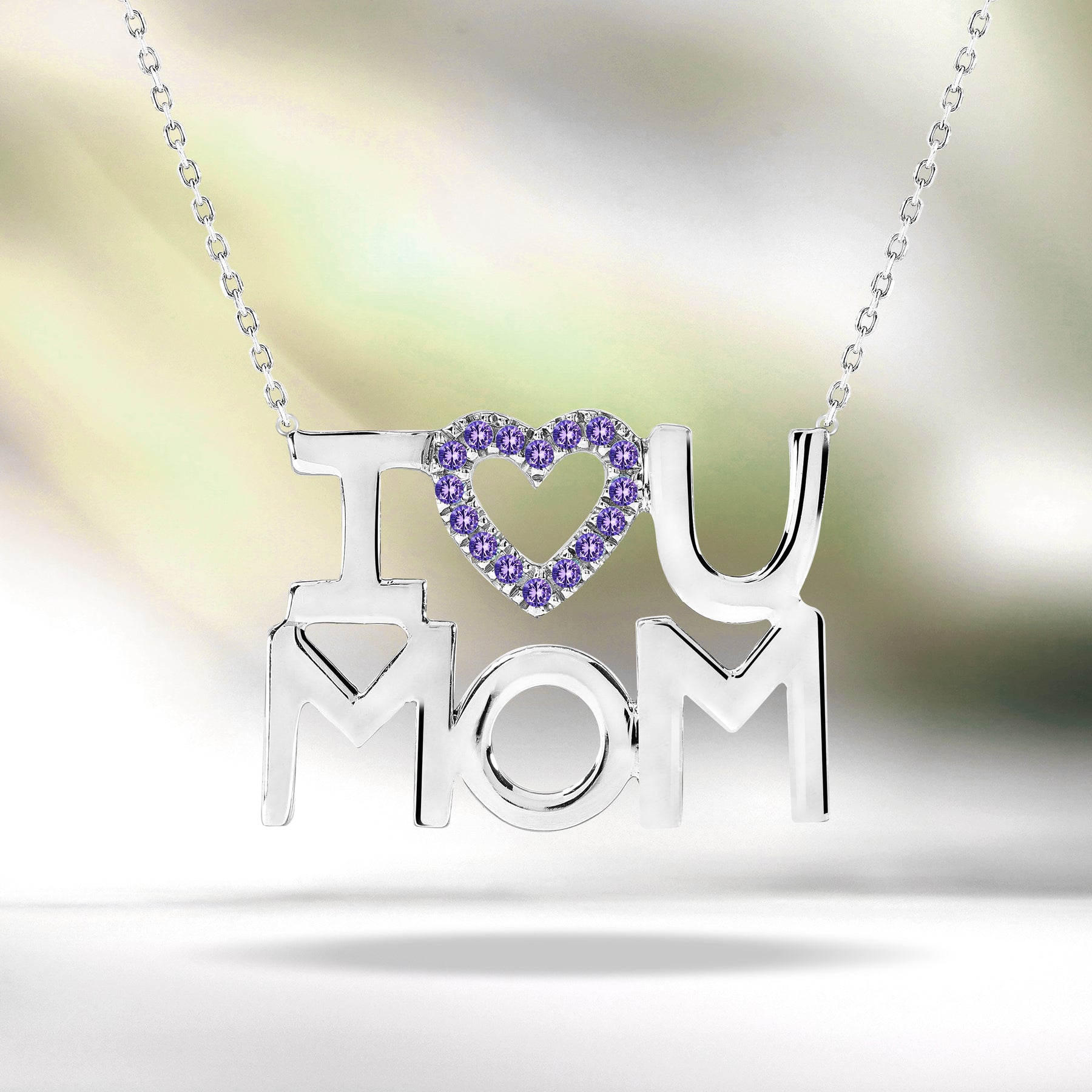 JeenMata I Love U Mom Multi-Color Purple Stone Embellished Open Heart Pendant Necklace in 18K White Gold over Silver - June Birthstone - Gift for Mom