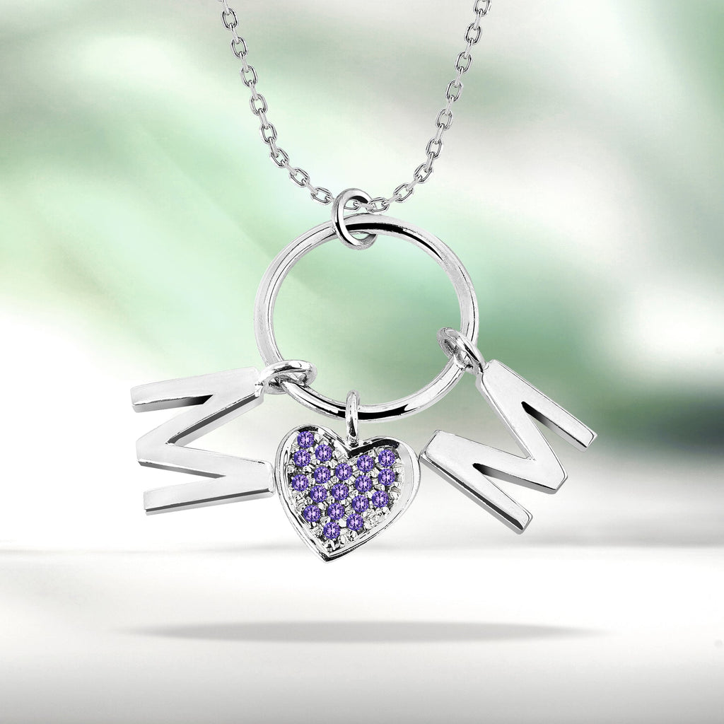 Circle Pendant with MOM Charms Pendant Necklace in 18K White Gold over Silver - Multi-Color Purple Stone Embellished - June Birthstone