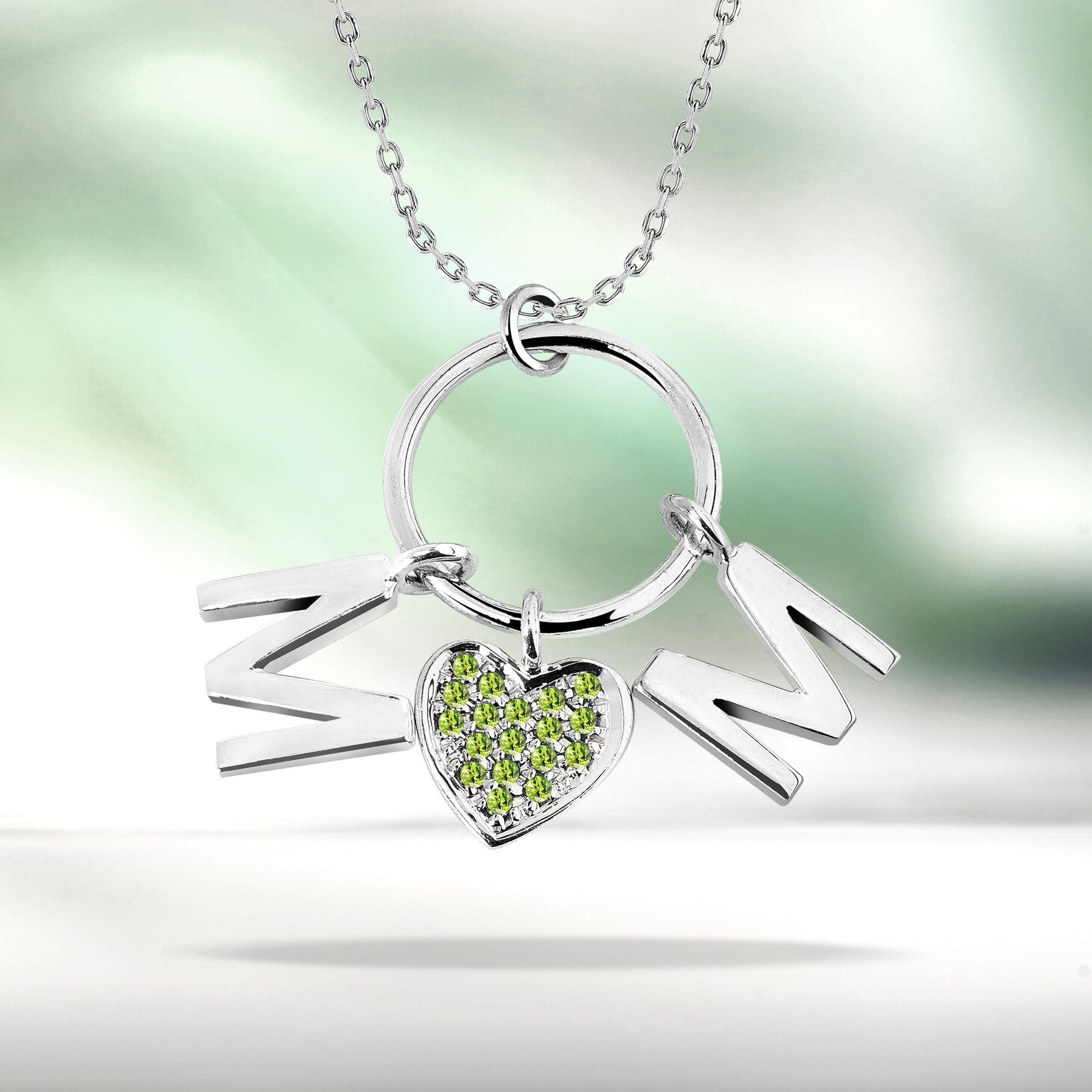 Circle Pendant with MOM Charms Pendant Necklace in 18K White Gold over Silver - Light Green Stone Embellished - August Birthstone