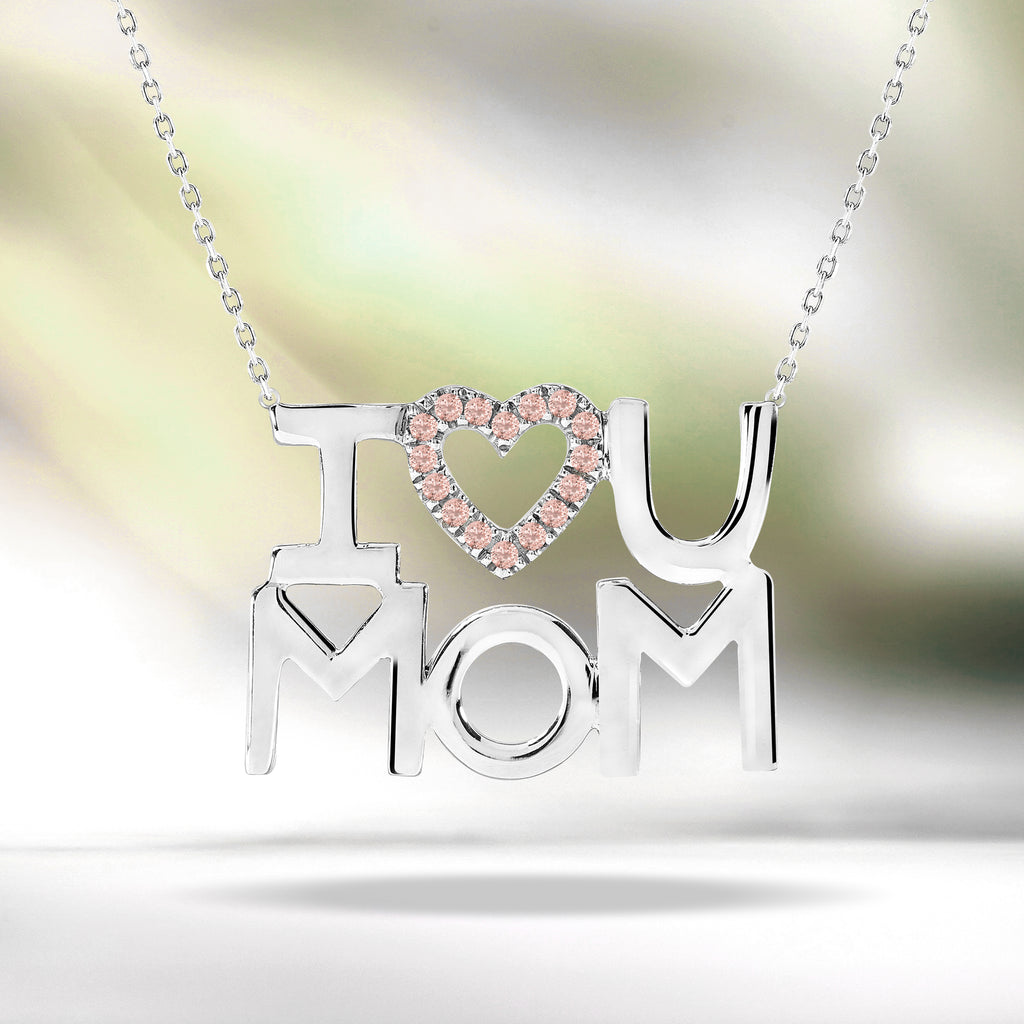 JeenMata I Love U Mom Pink Stone Embellished Open Heart Pendant Necklace in 18K White Gold over Silver - October Birthstone - Gift for Mom