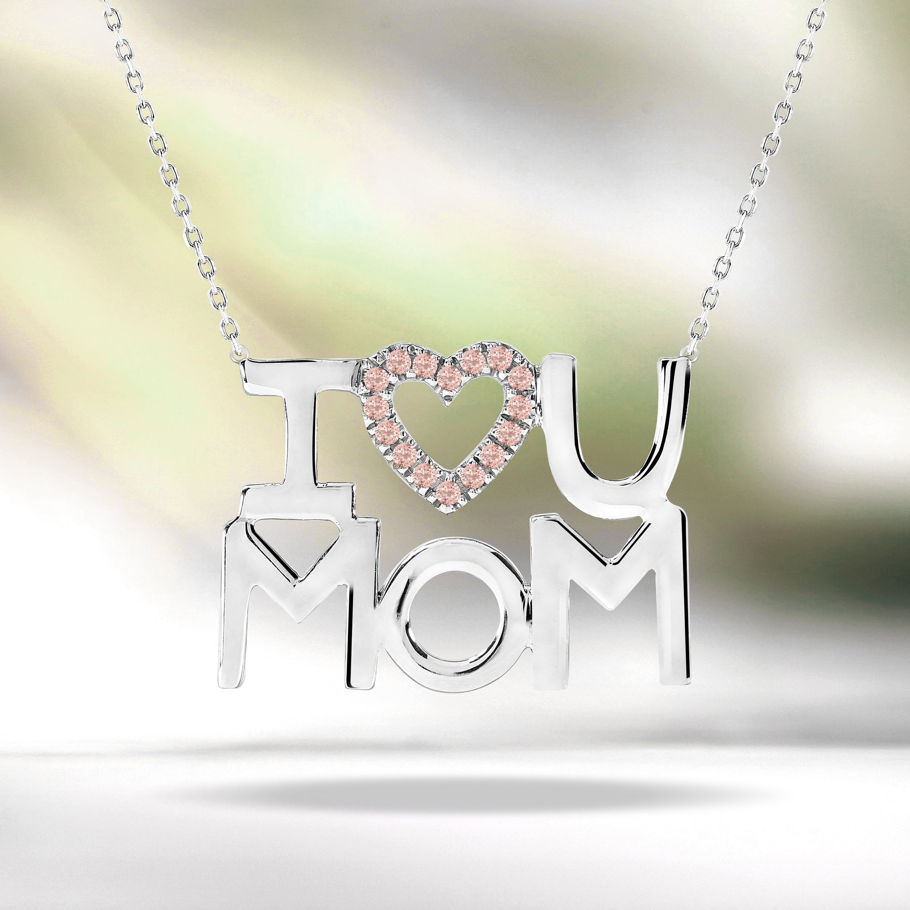 JeenMata I Love U Mom Pink Stone Embellished Open Heart Pendant Necklace in 18K White Gold over Silver - October Birthstone - Gift for Mom