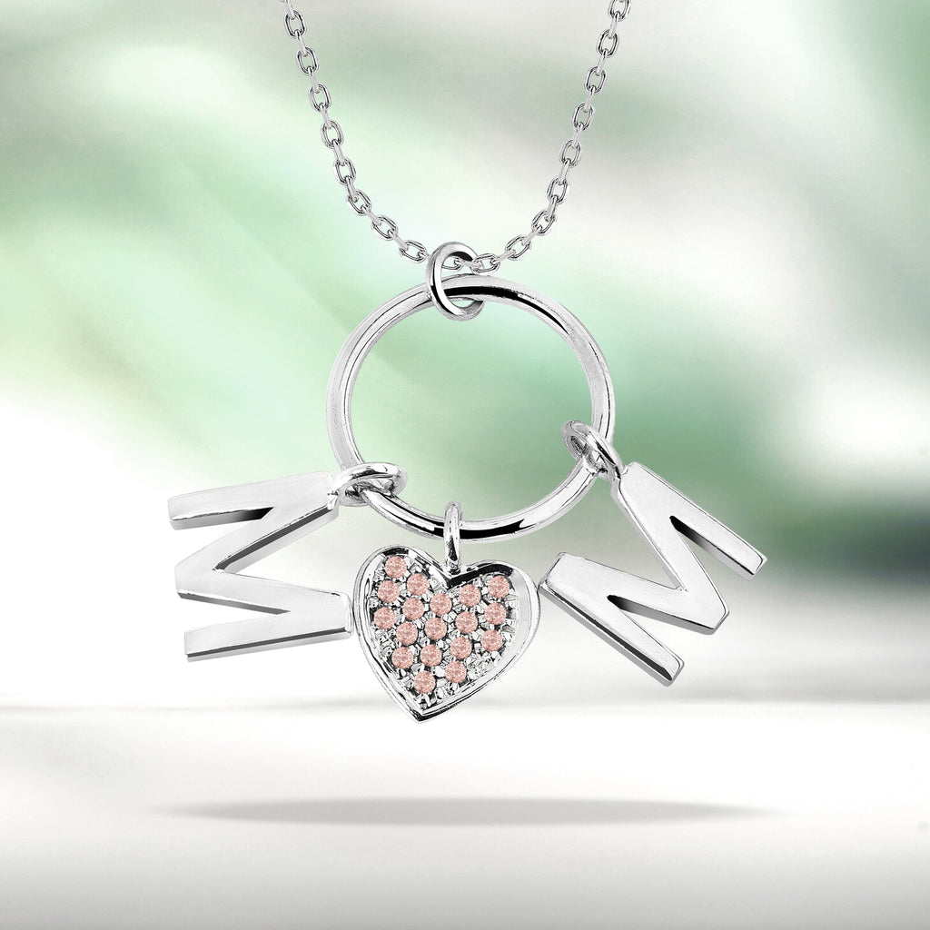 Circle Pendant with MOM Charms Pendant Necklace in 18K White Gold over Silver - Pink Stone Embellished - October Birthstone
