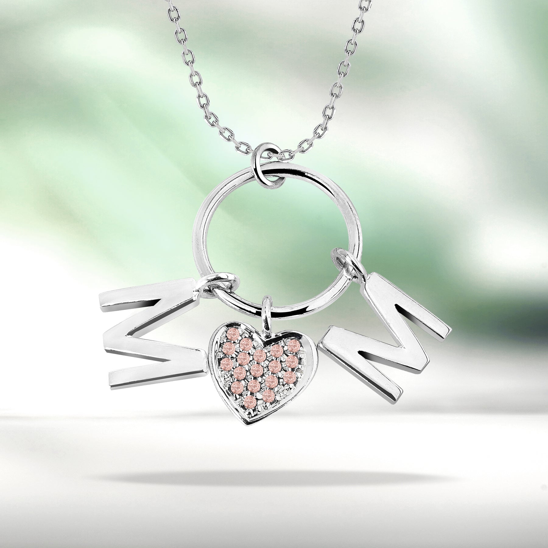 Circle Pendant with MOM Charms Pendant Necklace in 18K White Gold over Silver - Pink Stone Embellished - October Birthstone