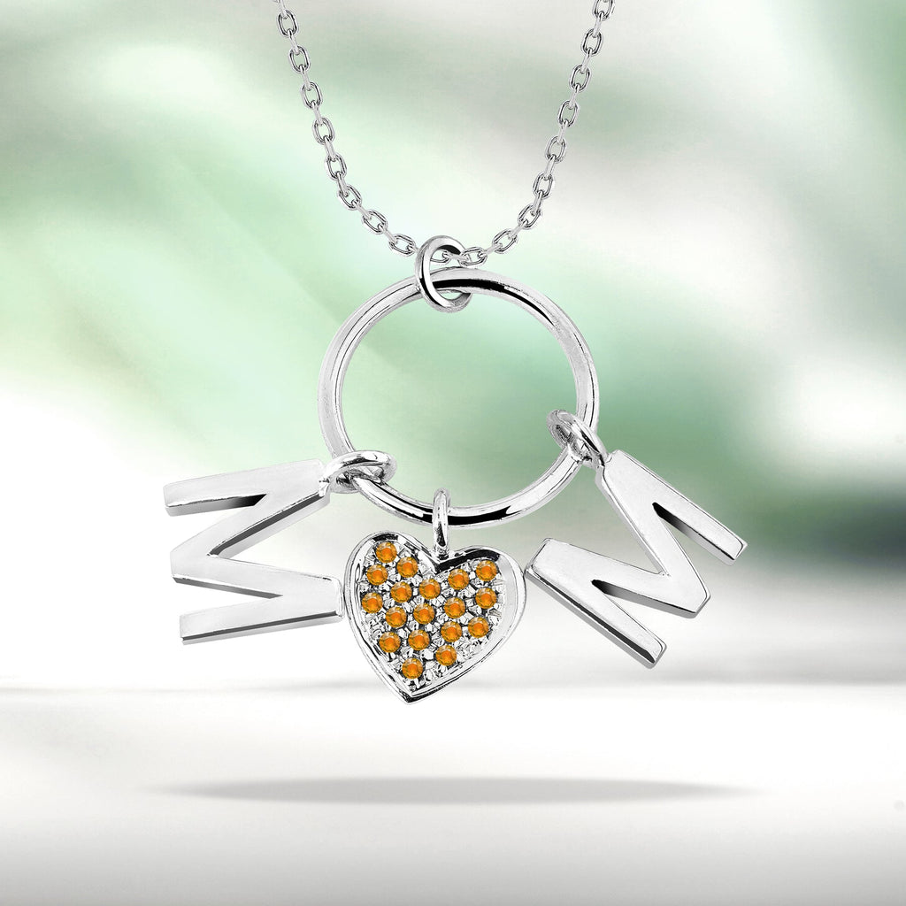 Circle Pendant with MOM Charms Pendant Necklace in 18K White Gold over Silver - Yellow Stone Embellished - November Birthstone