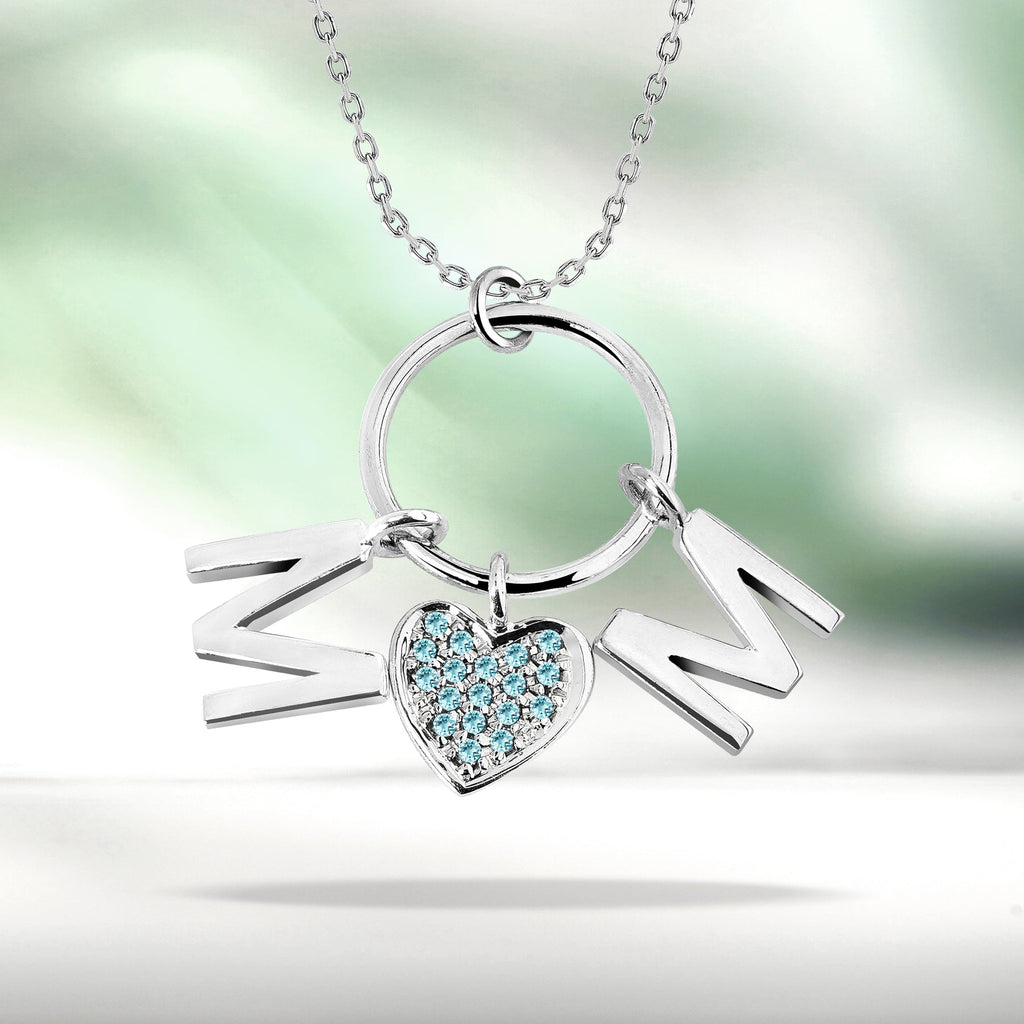 Circle Pendant with MOM Charms Pendant Necklace in 18K White Gold over Silver - Light Blue Stone Embellished - December Birthstone