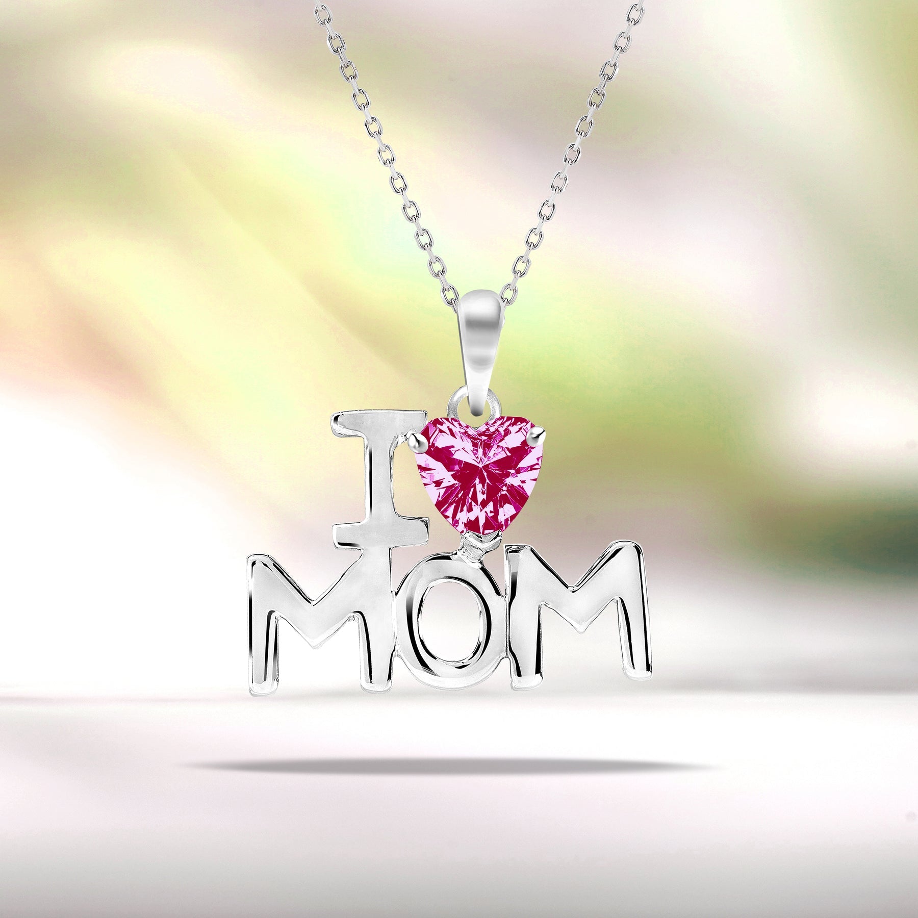 I Love Mom Heart Shaped Red Stone Pendant Necklace with 18K White Gold over Silver - January Birthstone - Mother's Day Jewelry Gift