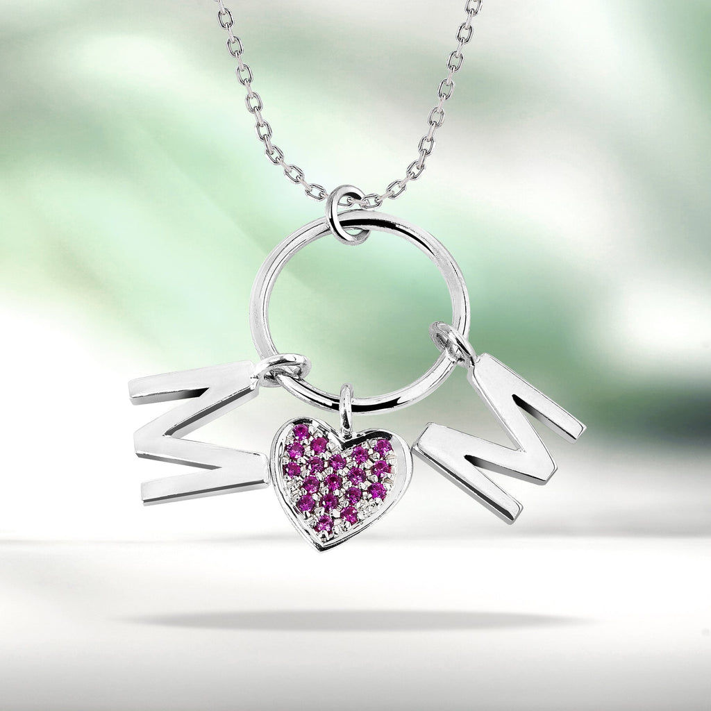 Circle Pendant with MOM Charms Pendant Necklace in 18K White Gold over Silver - Strong Strong Red Stone Embellished - July Birthstone