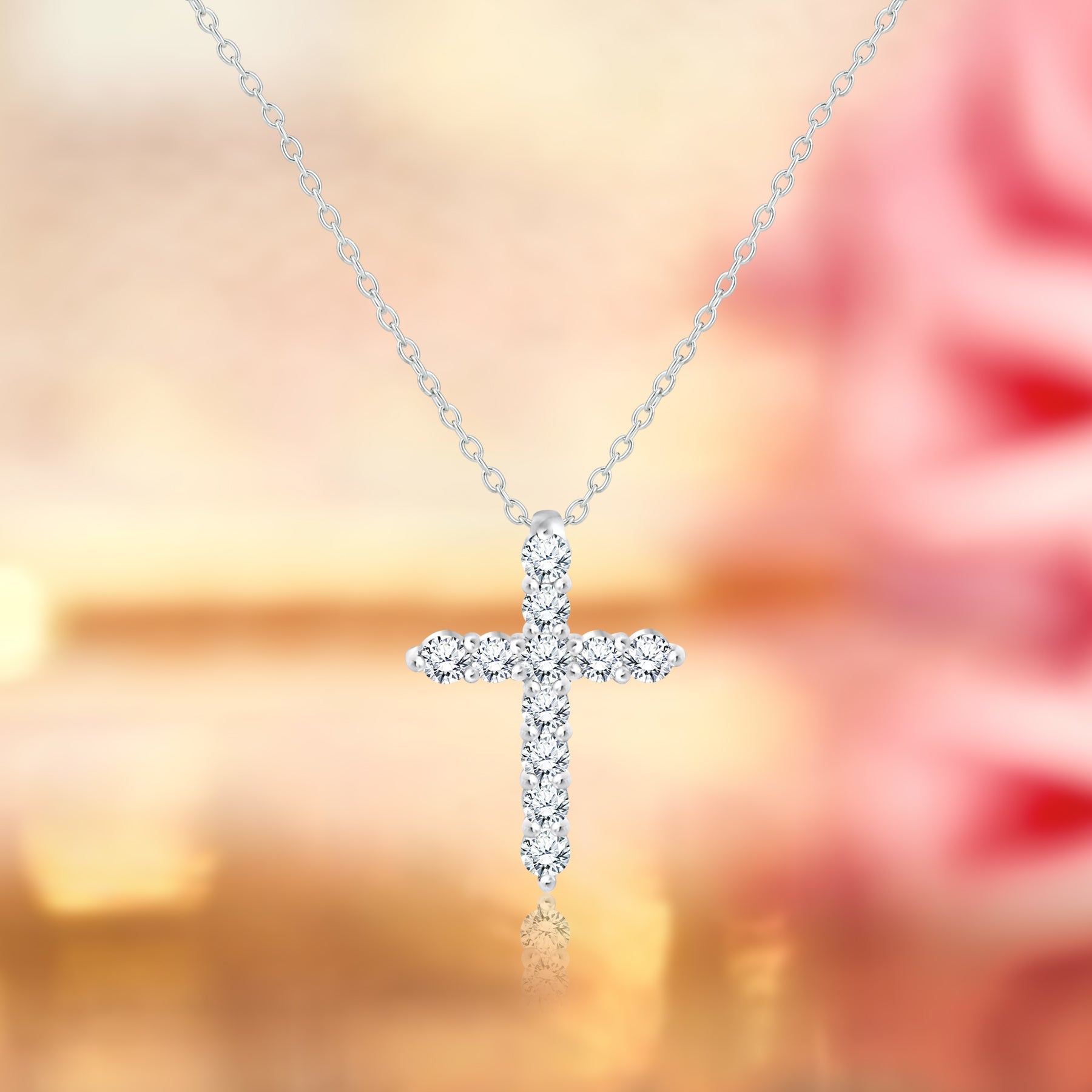 Certified Lab Grown Diamond Cross Pendant Necklace in 18K Rose Gold over Silver