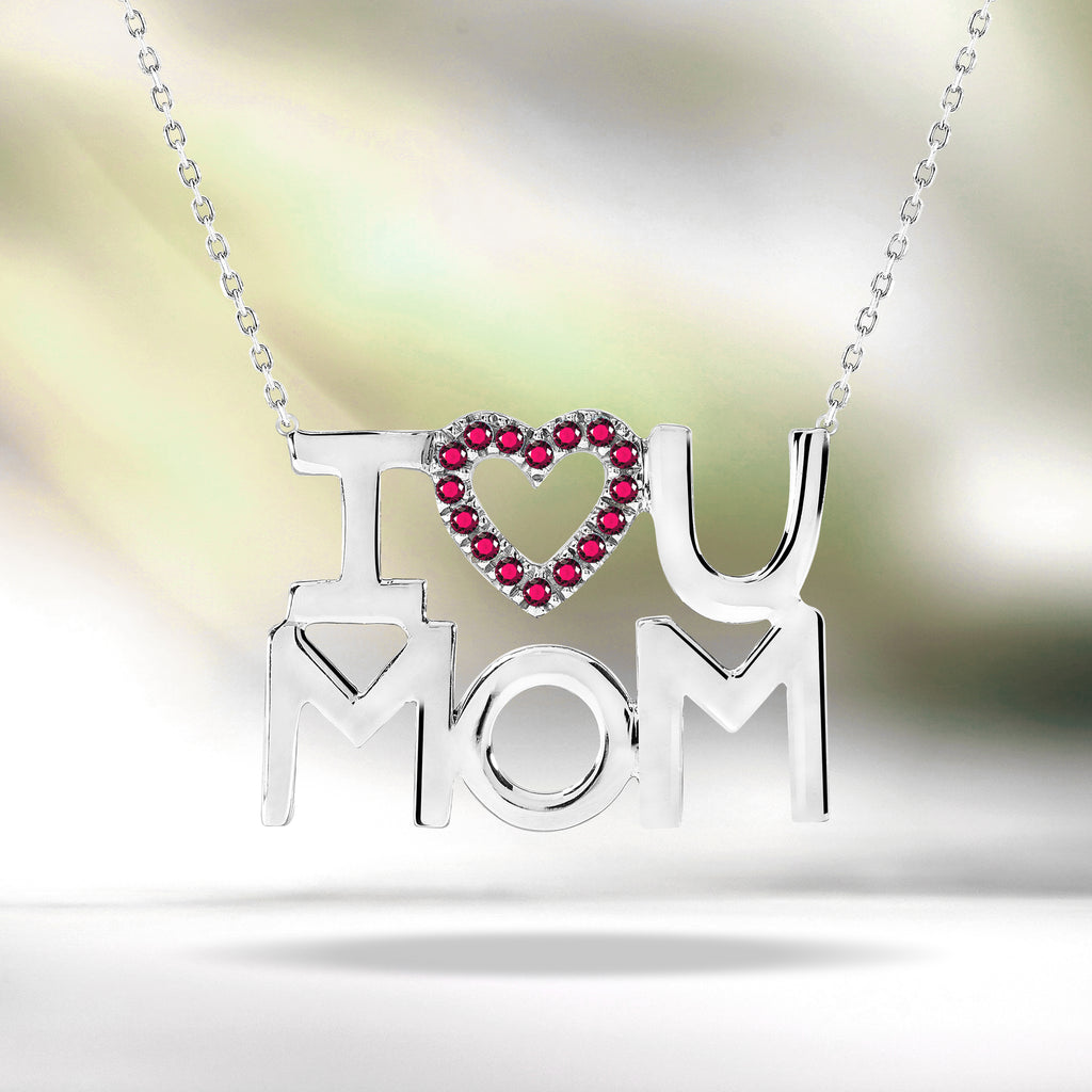 JeenMata I Love U Mom Red Stone Embellished Open Heart Pendant Necklace in 18K White Gold over Silver - January Birthstone - Gift for Mom