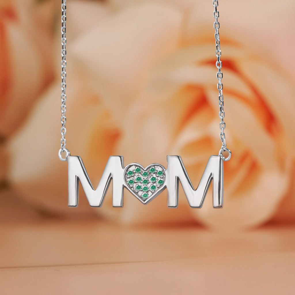 JeenMata MOM Pendant Necklace - Emerald - May Birthstone in 18K White Gold over Sterling Silver