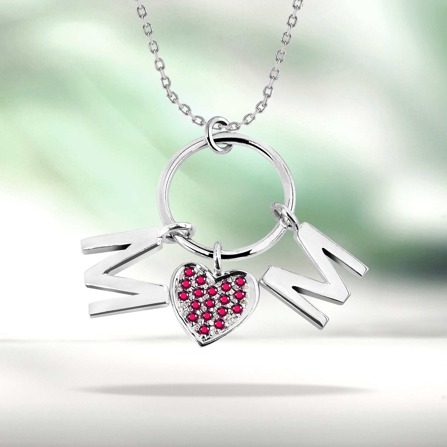 Circle Pendant with MOM Charms Pendant Necklace in 18K White Gold over Silver - Red Stone Embellished - January Birthstone
