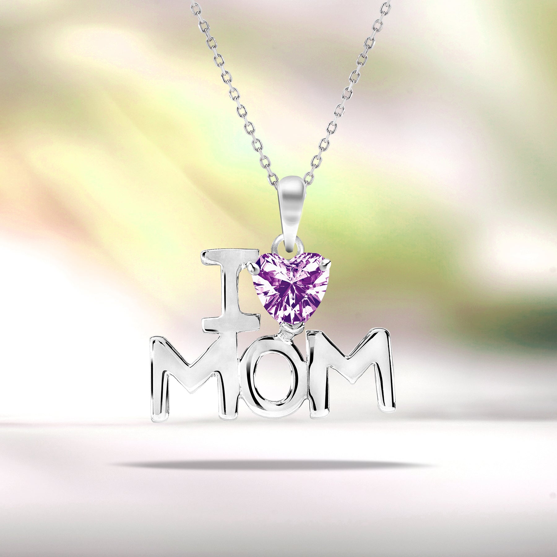I Love Mom Heart Shaped Purple Stone Pendant Necklace with 18K White Gold over Silver - February Birthstone - Mother's Day Jewelry Gift