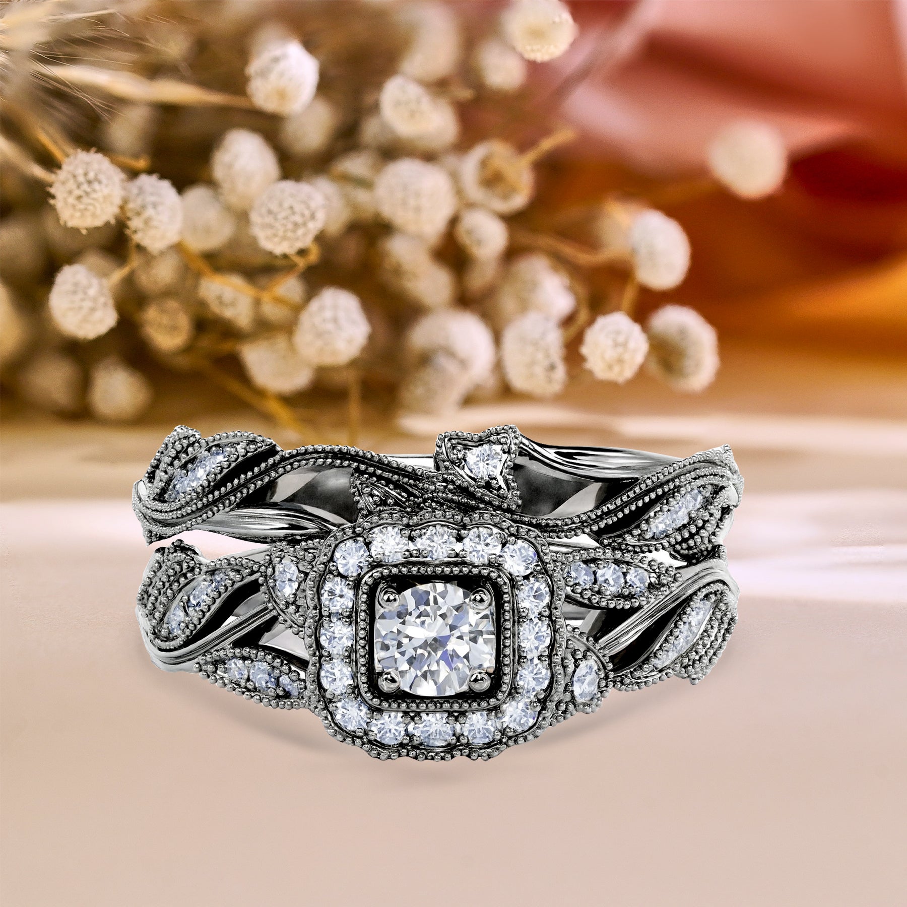 Certified 1 Ct Round Lab Diamond - Art Deco Style - Wedding Ring Set