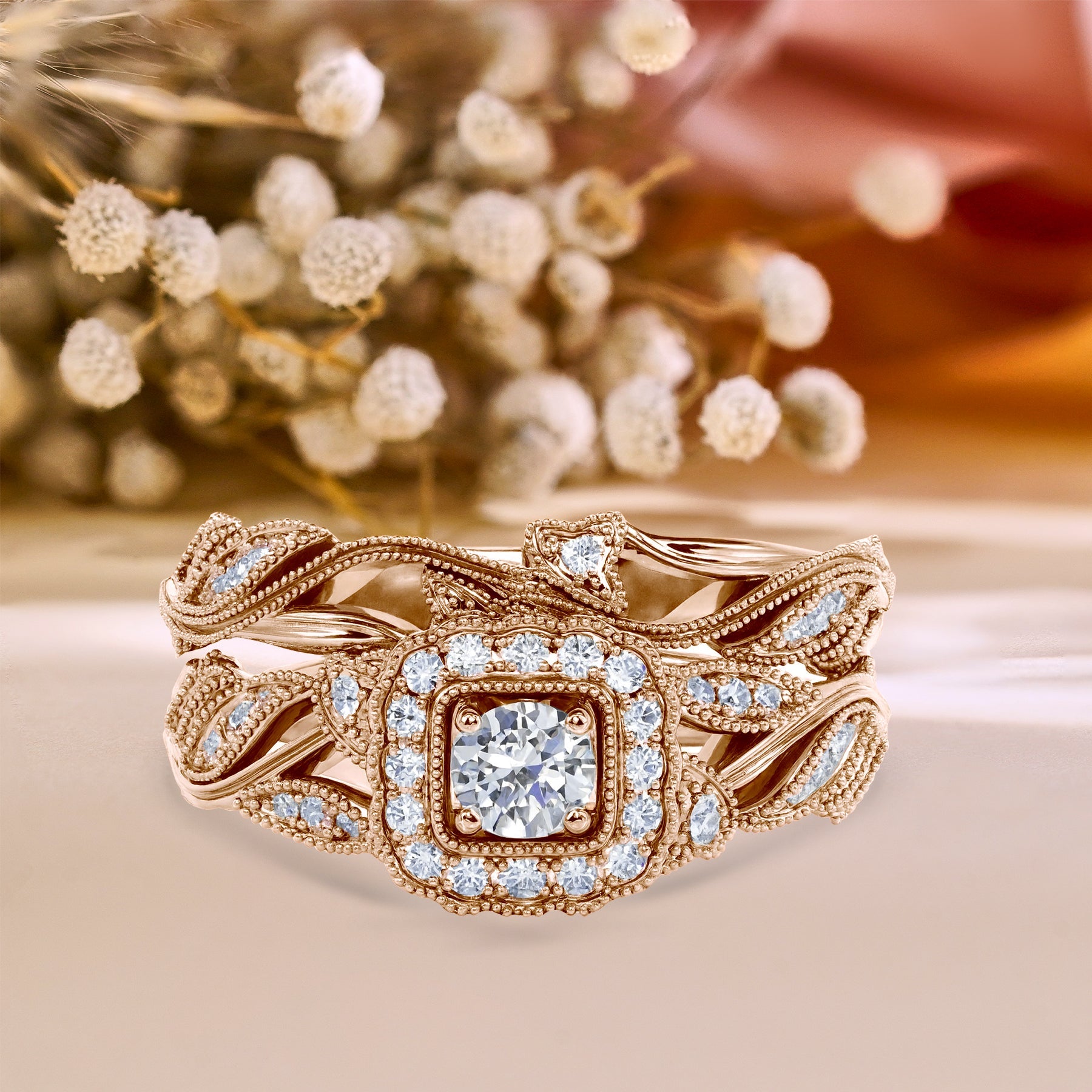 Certified 1 Ct Round Lab Diamond - Art Deco Style - Wedding Ring Set