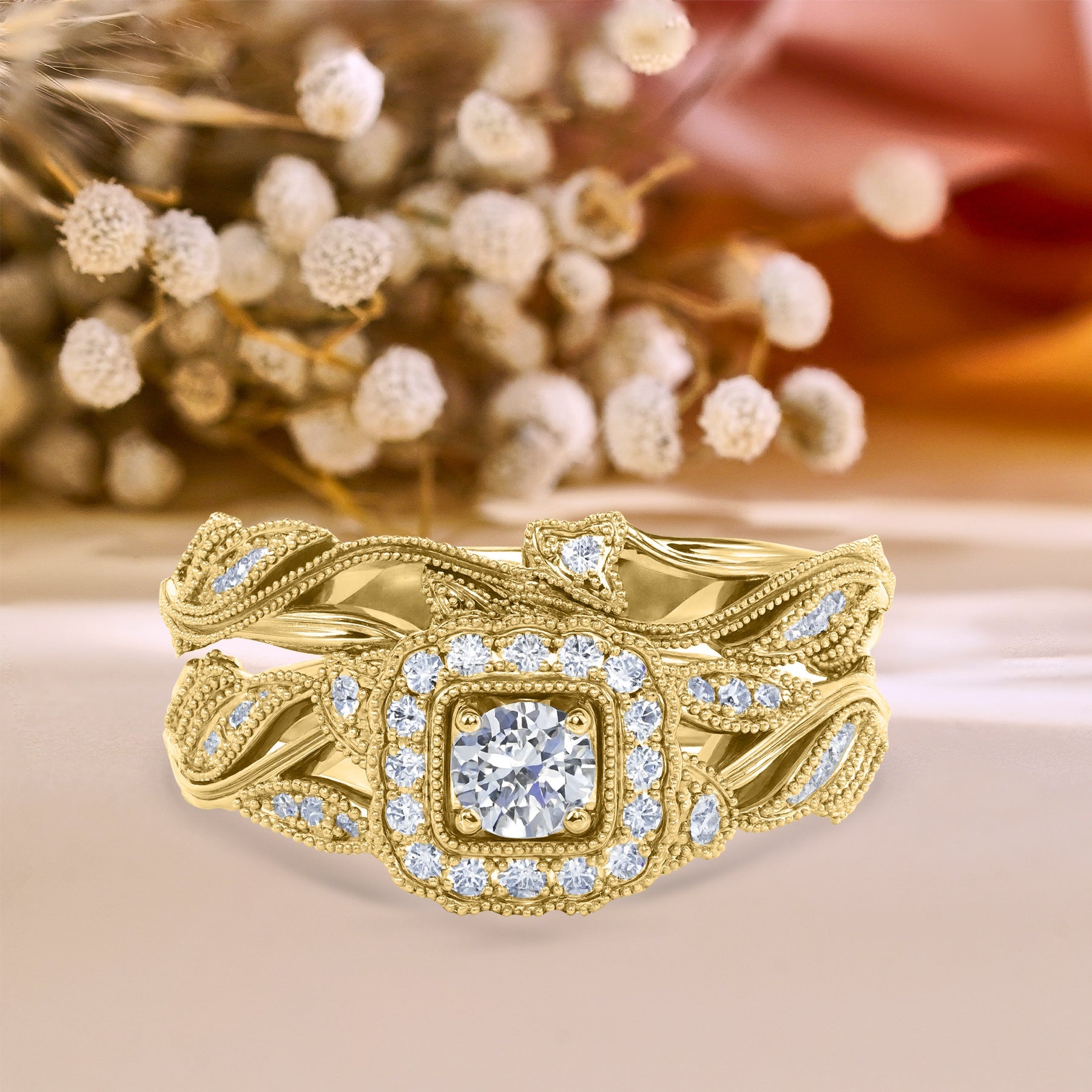 Certified 1 Ct Round Lab Diamond - Art Deco Style - Wedding Ring Set