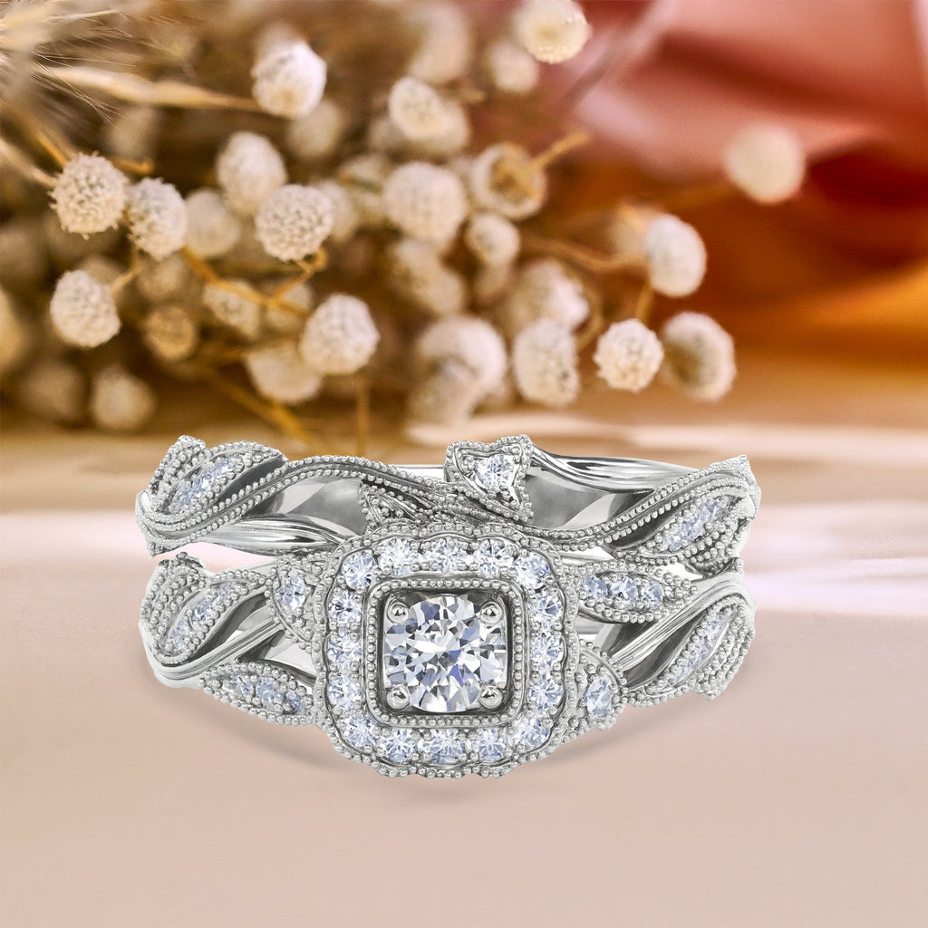 Certified 1 Ct Round Lab Diamond - Art Deco Style - Wedding Ring Set