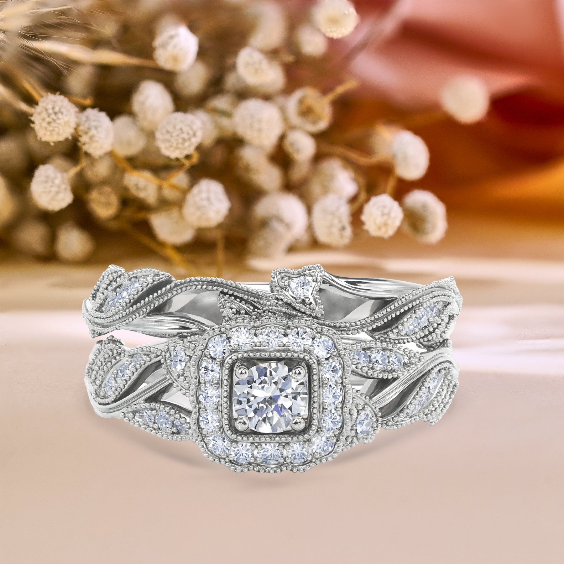 Certified 1 Ct Round Lab Diamond - Art Deco Style - Wedding Ring Set