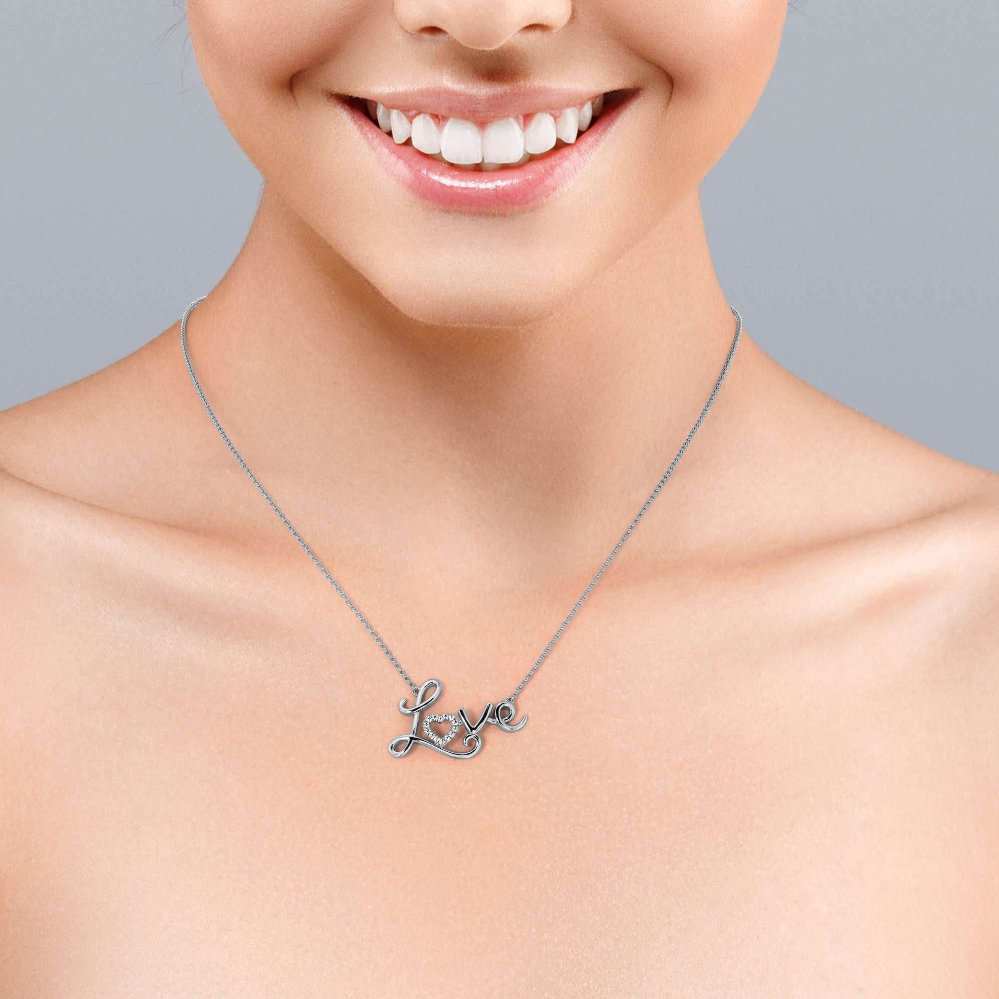 Enchanting Love Real Diamond Pendant Necklace in 18K White Gold over Silver