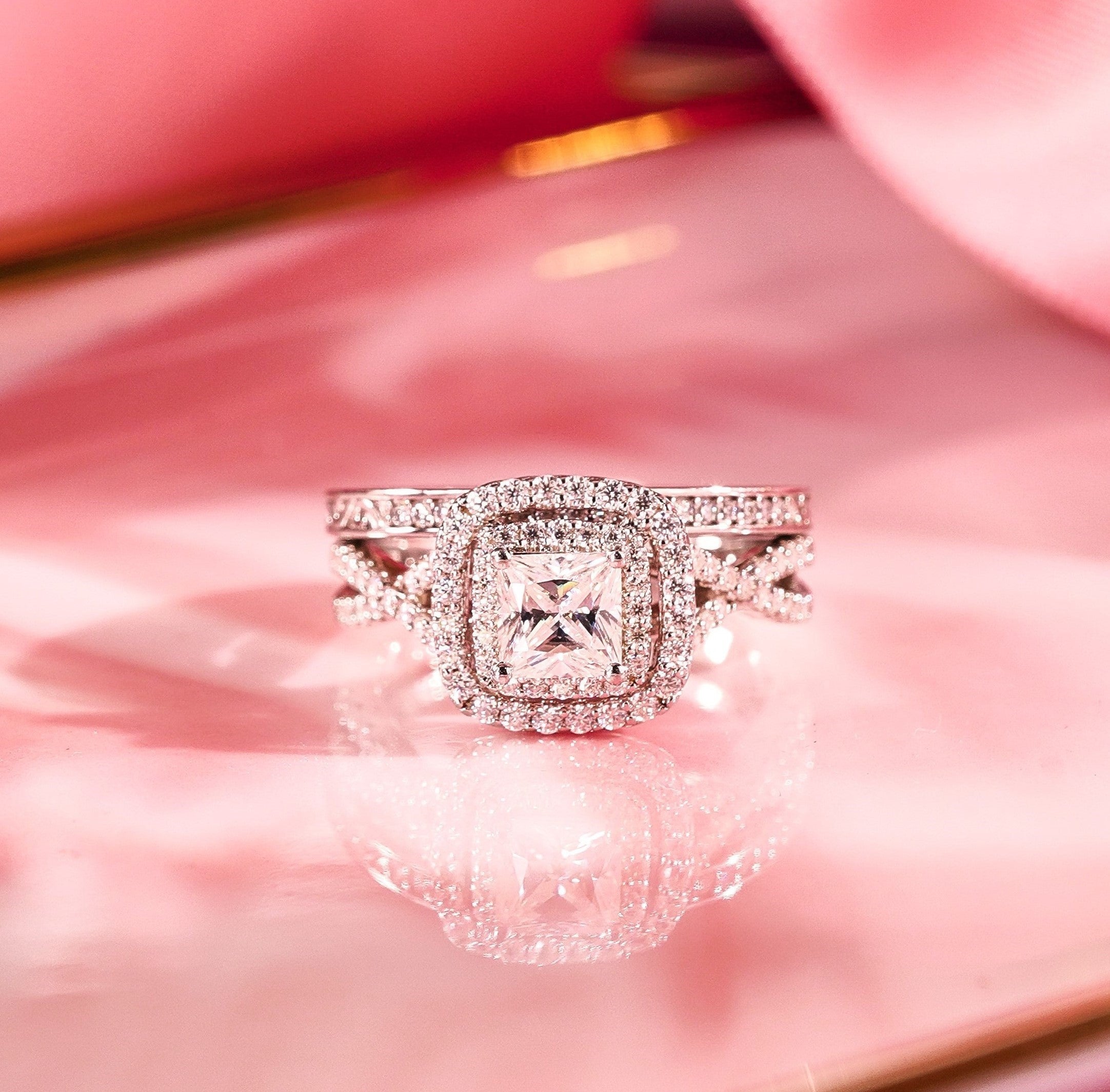 Cluster 1 Carat Princess Cut Moissanite Halo Engagement Ring