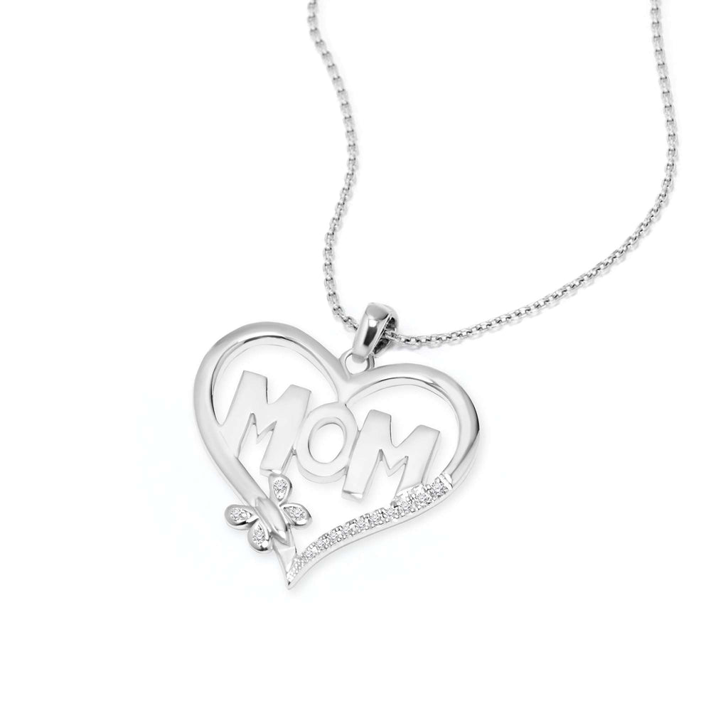 JeenMata Heart and Butterfly Mom Diamond Pendant Necklace in 18K White Gold over Silver