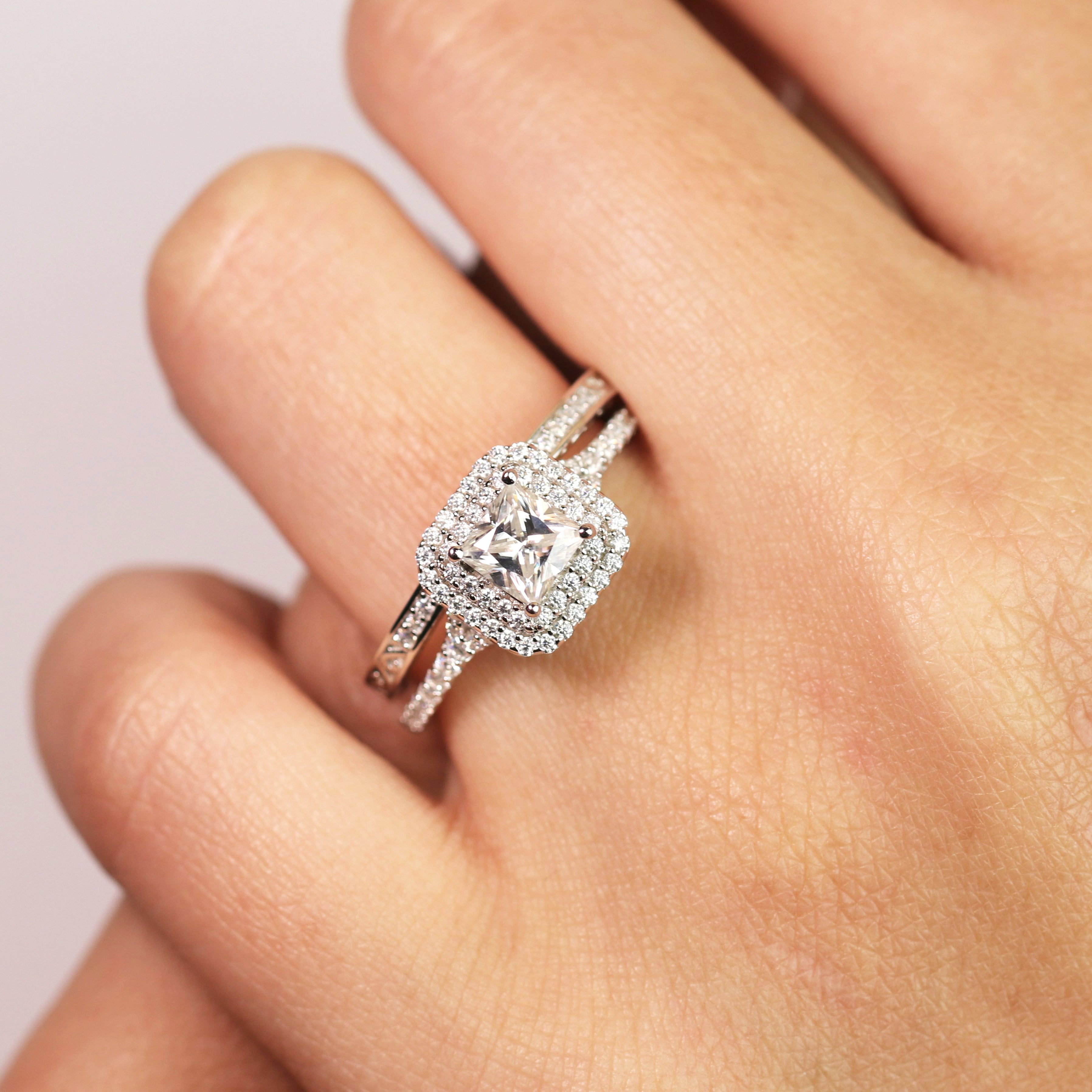 JeenMata 1.75 ct - Square Cut Moissanite - Pave Set - Split Band - Double Halo Engagement Ring - Bridal Set - 18K White Gold Plating for Women