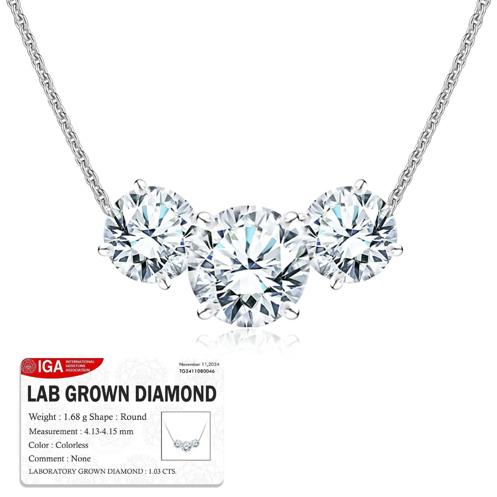 JeenMata 1 Carat Lab Grown Diamond Pendant Necklace - Round Cut Three Stones Pendant in White Gold Plating
