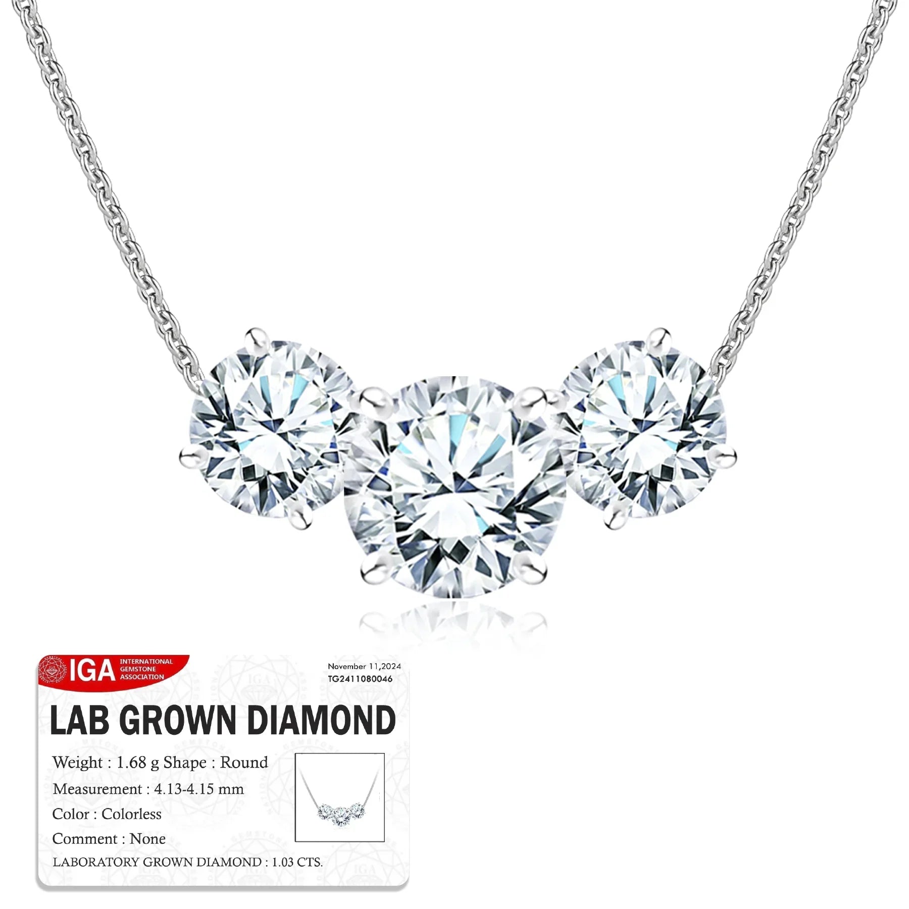 JeenMata 1 Carat Lab Grown Diamond Pendant Necklace - Round Cut Three Stones Pendant in White Gold Plating