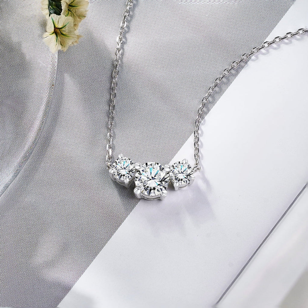 JeenMata 1 Carat Lab Grown Diamond Pendant Necklace - Round Cut Three Stones Pendant in White Gold Plating