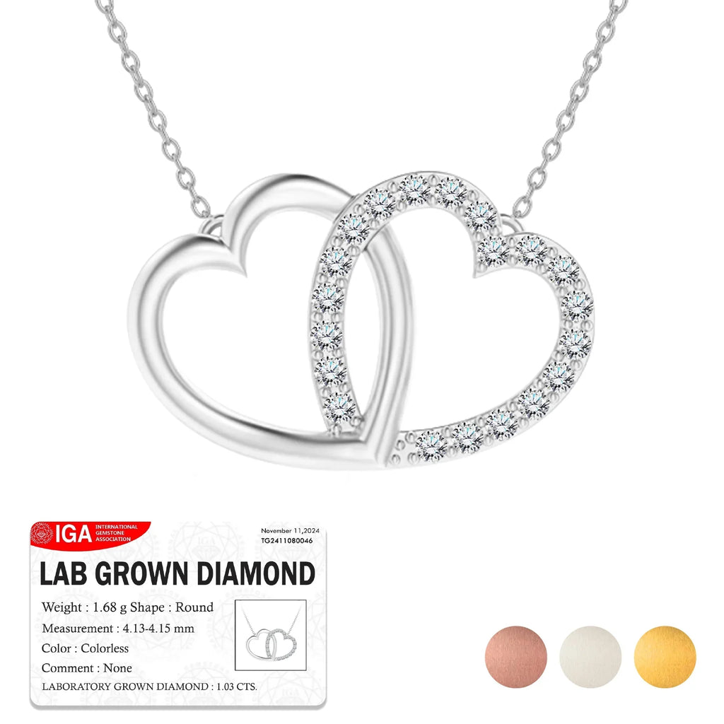 Certified Lab Grown Diamond Interlocking Heart Shape Pendant Necklace in White Gold Plating
