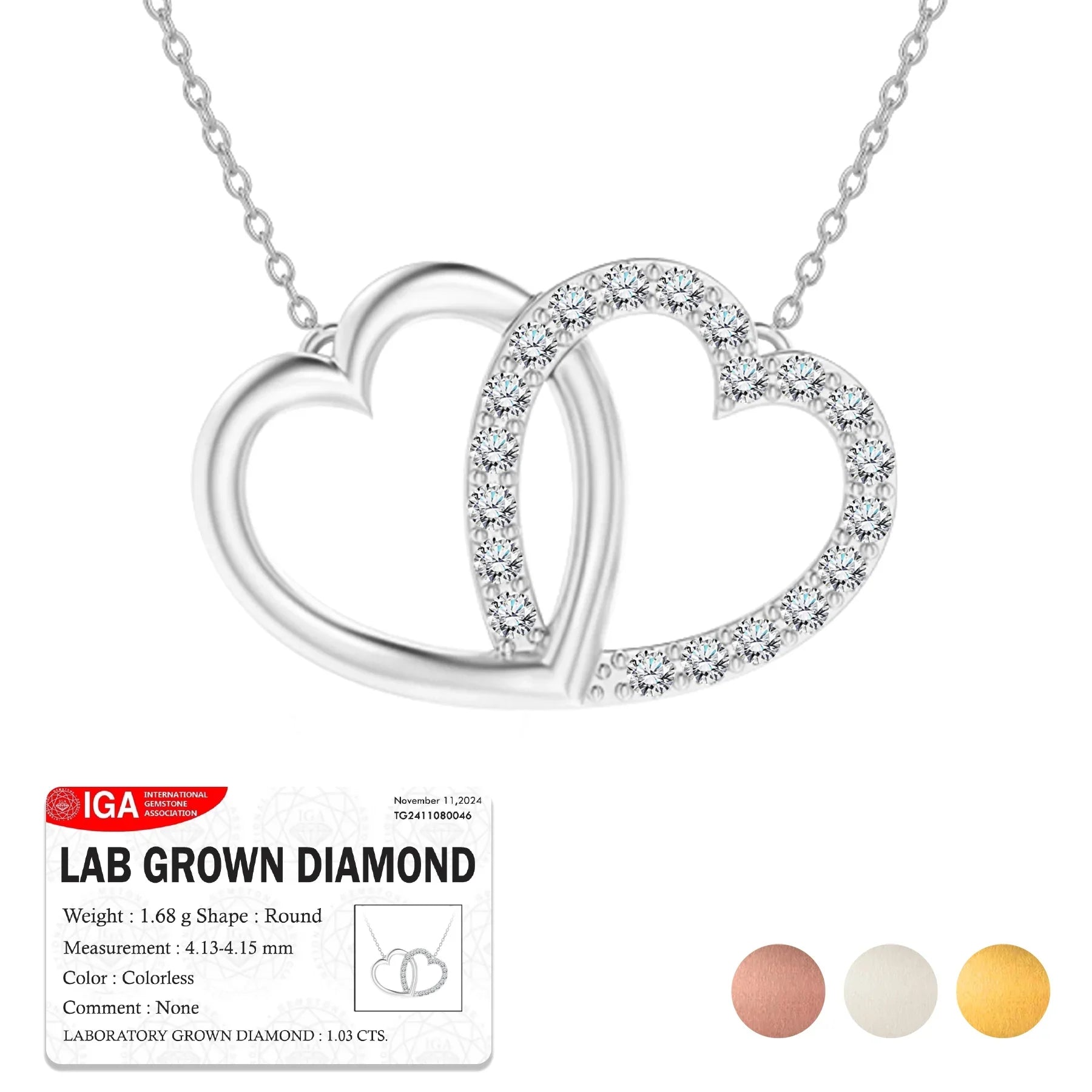 Certified Lab Grown Diamond Interlocking Heart Shape Pendant Necklace in White Gold Plating