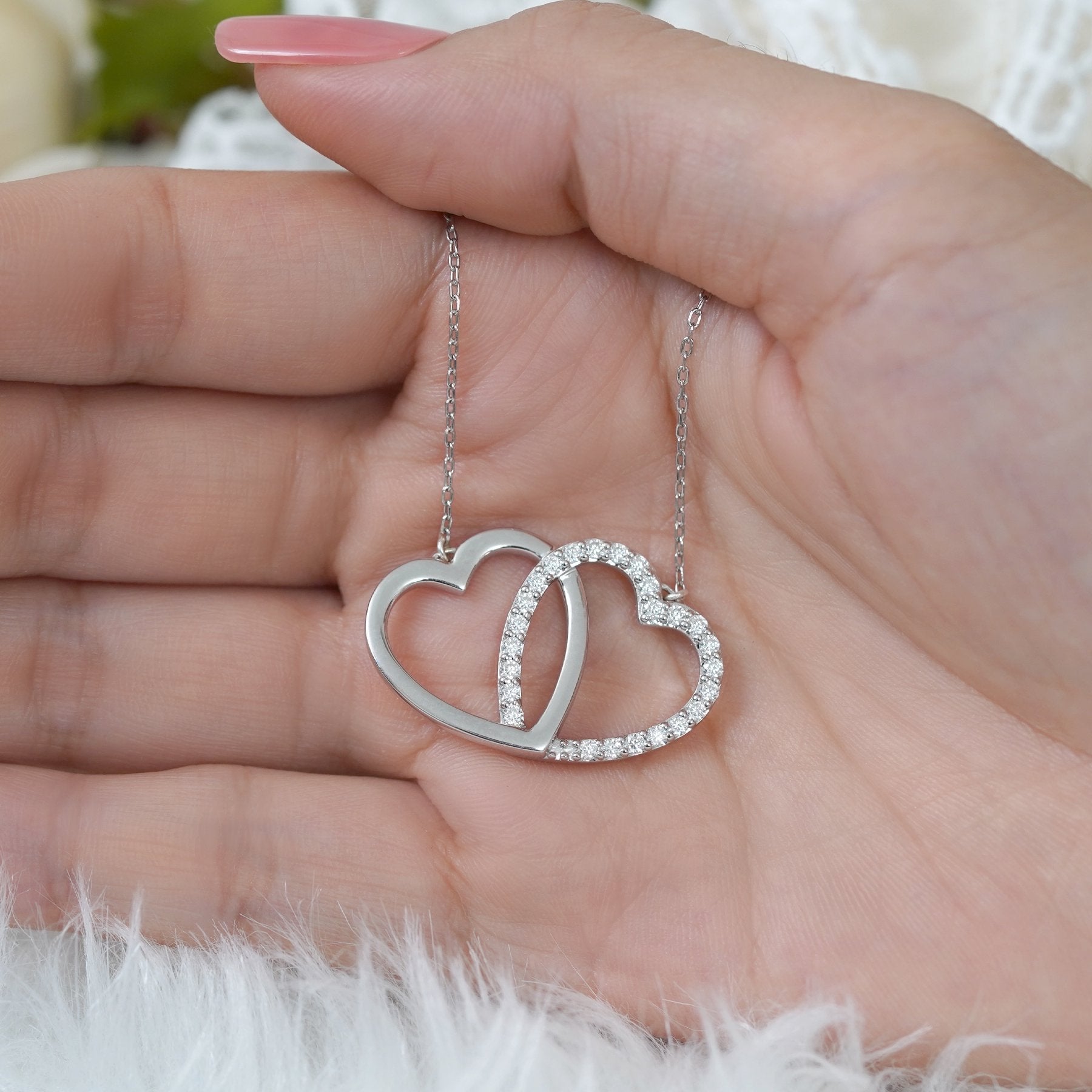 Certified Lab Grown Diamond Interlocking Heart Shape Pendant Necklace in White Gold Plating
