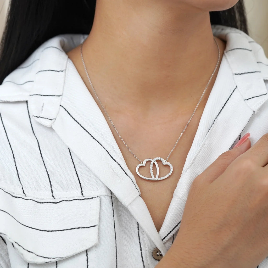 Certified Lab Grown Diamond Interlocking Heart Shape Pendant Necklace in White Gold Plating