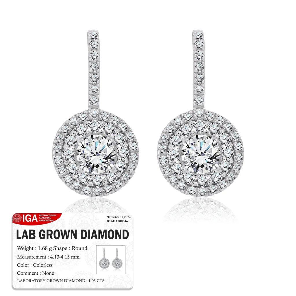Certified 1 Carat Lab Grown Diamond Halo Drop Earrings - Round Cut Vintage Inspired Earrings in White Gold Plating