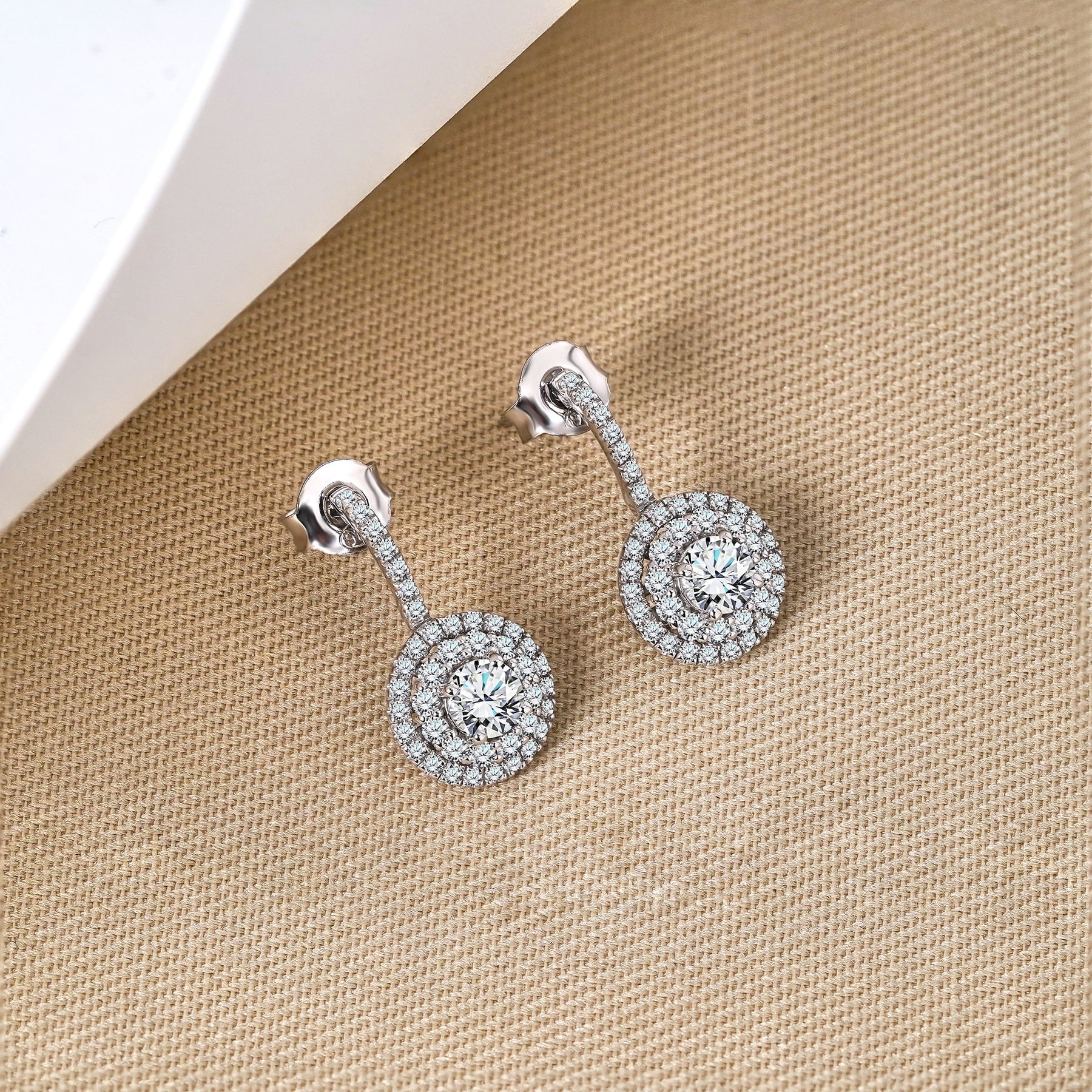 Certified 1 Carat Lab Grown Diamond Halo Drop Earrings - Round Cut Vintage Inspired Earrings in White Gold Plating