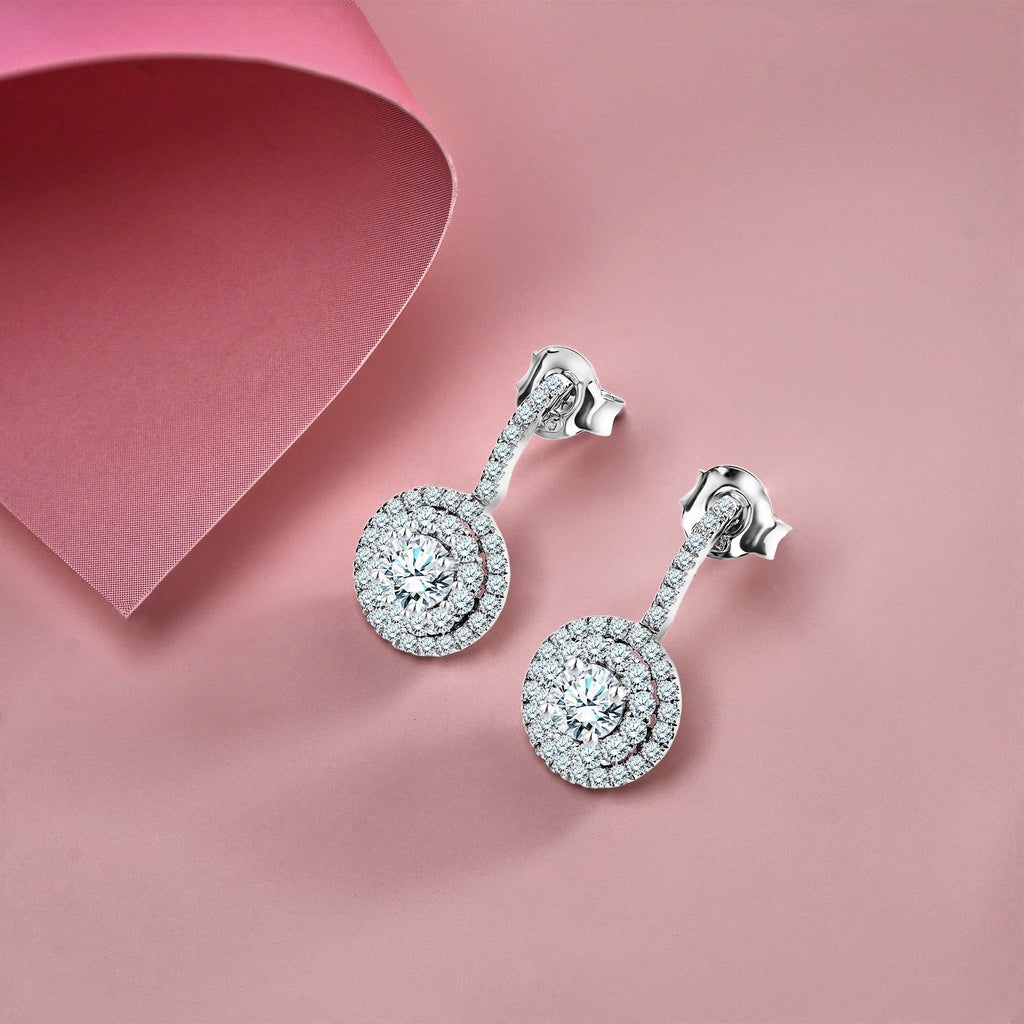 Certified 1 Carat Lab Grown Diamond Halo Drop Earrings - Round Cut Vintage Inspired Earrings in White Gold Plating