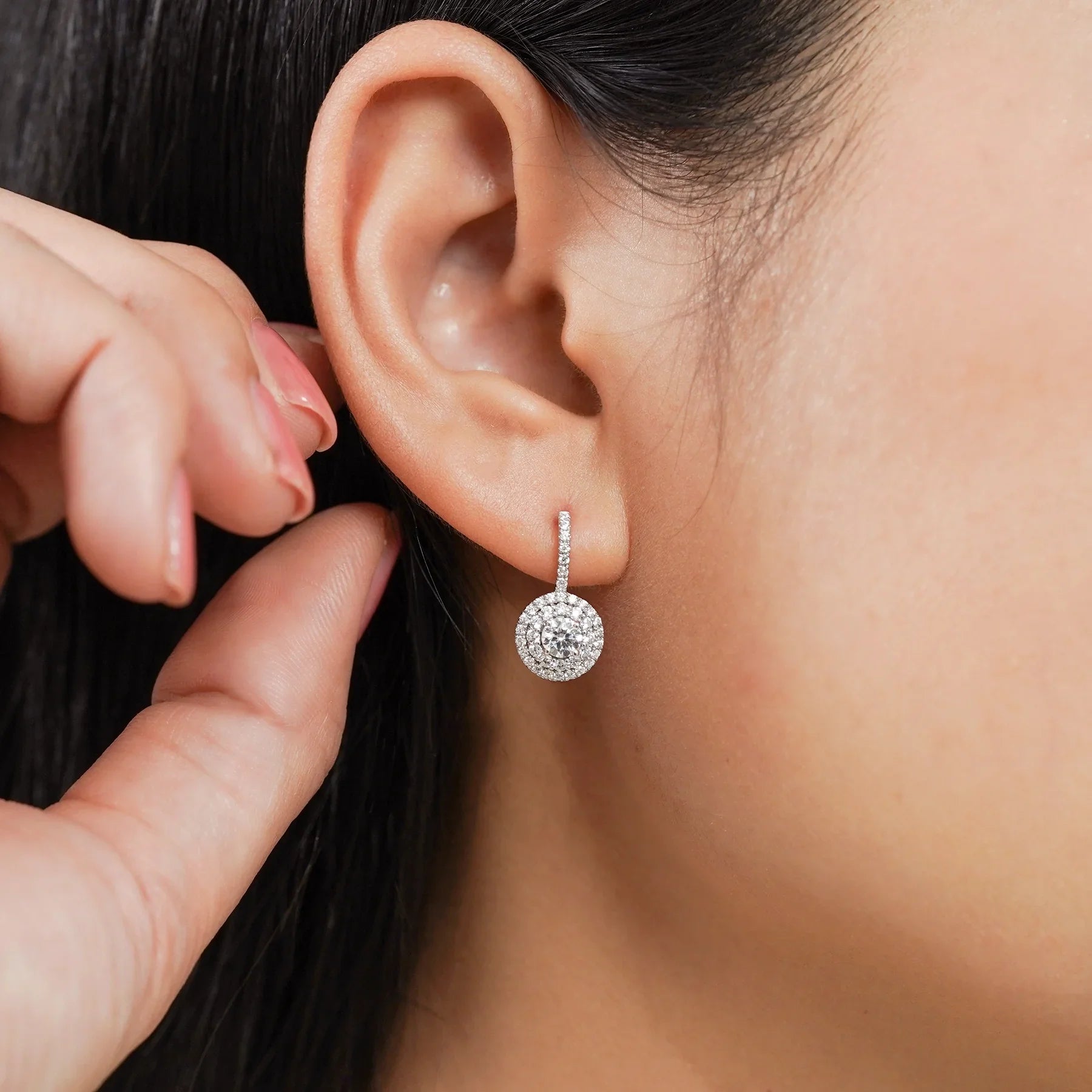 Certified 1 Carat Lab Grown Diamond Halo Drop Earrings - Round Cut Vintage Inspired Earrings in White Gold Plating