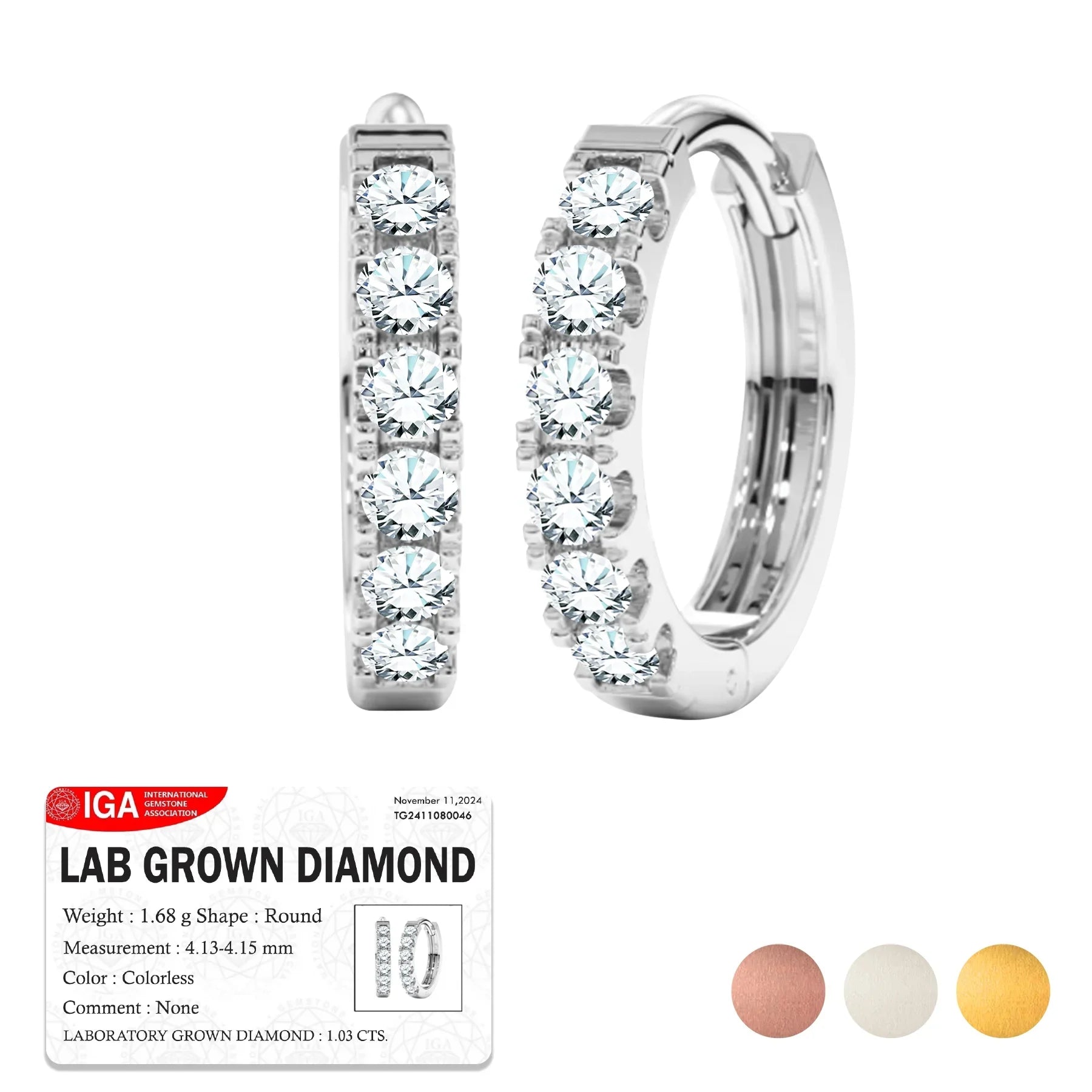 Certified Lab Grown Diamond Hoop Earrings - Round Cut Classic Hoop Earrings for Everyday Jewelry - White Gold Plating