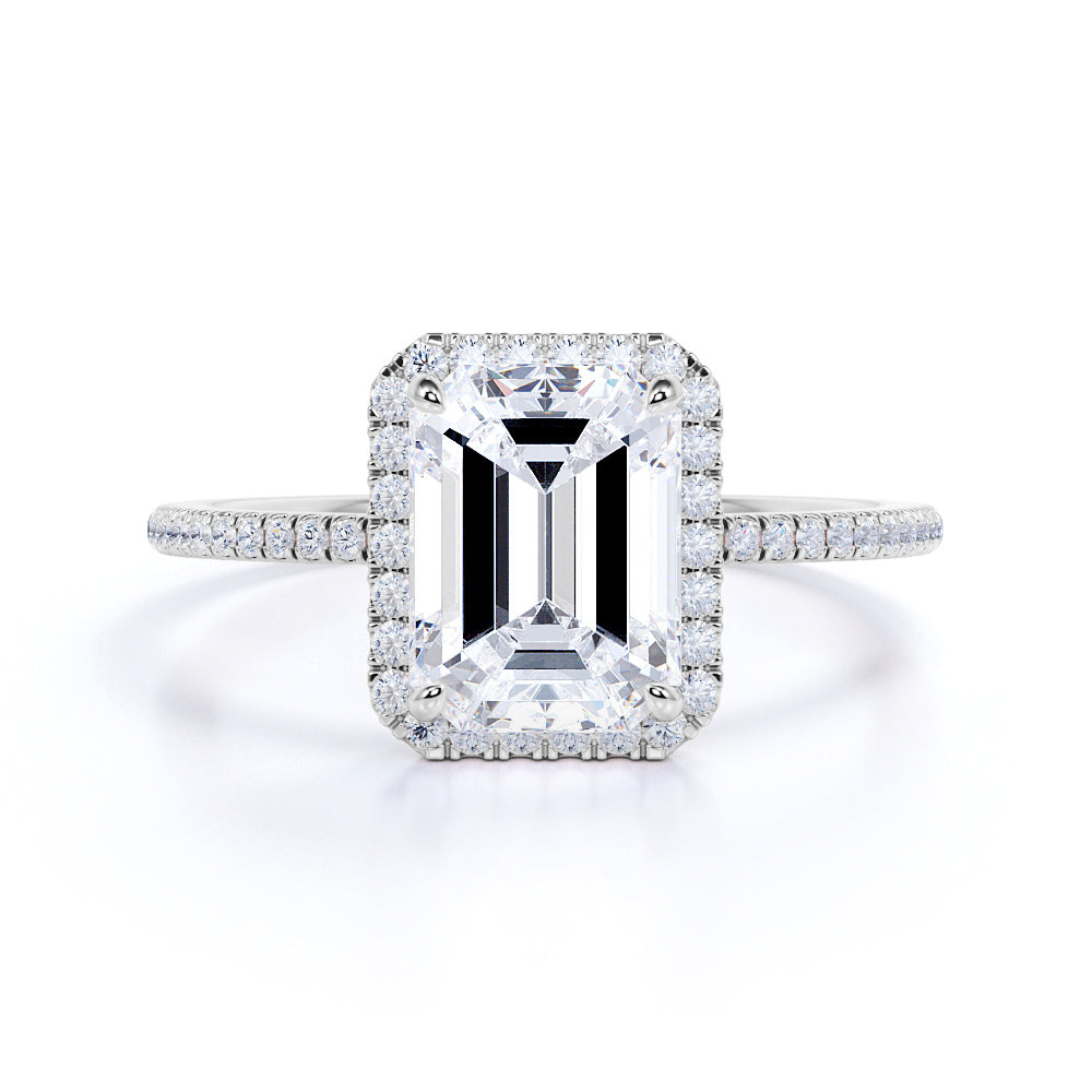 Pave Set 1.5 Carat Emerald Moissanite Halo Engagement Ring